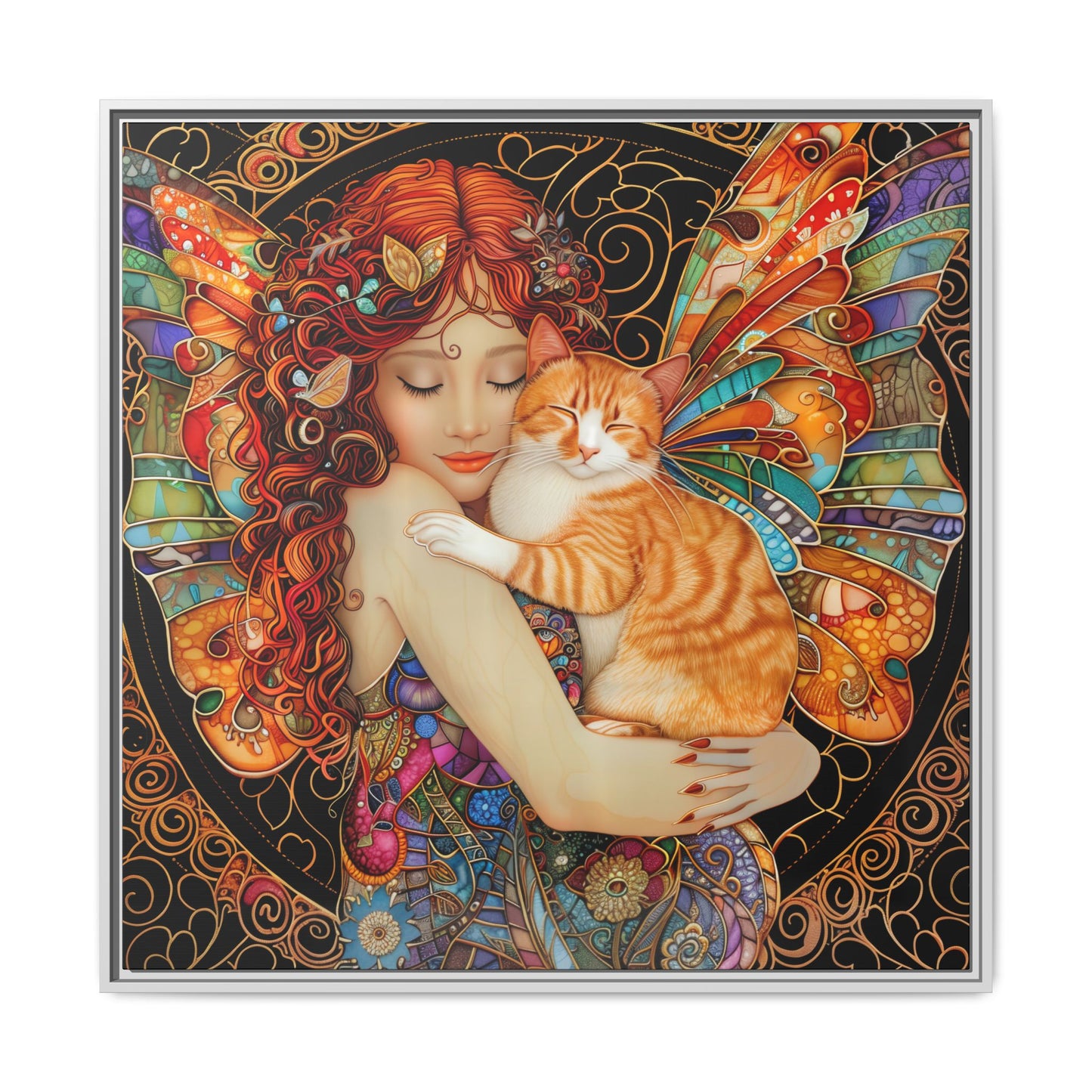 Framed "Tabby"  Fantasy Canvas Art Print - Whimsical Wall Decor, Fairy and Cat Illustration, Magical Gift for Cat Lovers