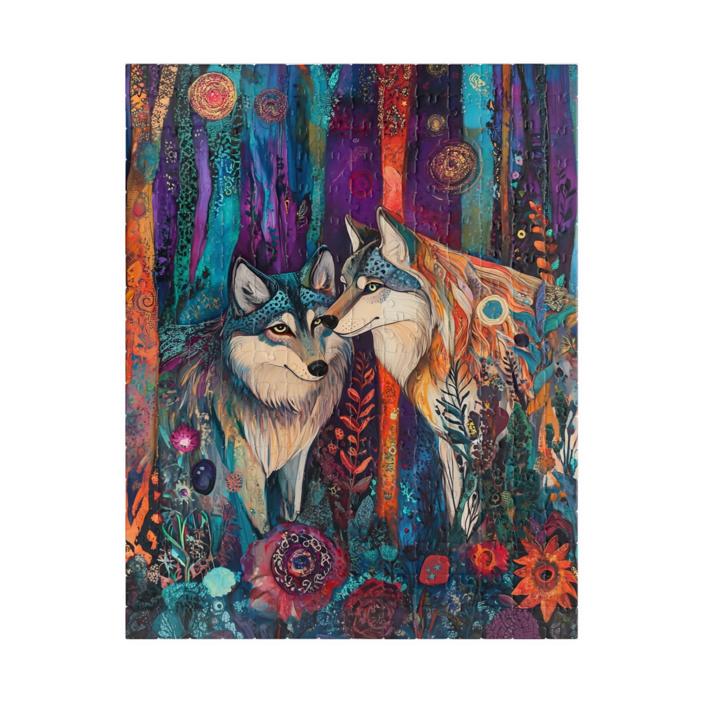 Whimsical Wolf Pair Puzzle | Colorful Forest Art Jigsaw