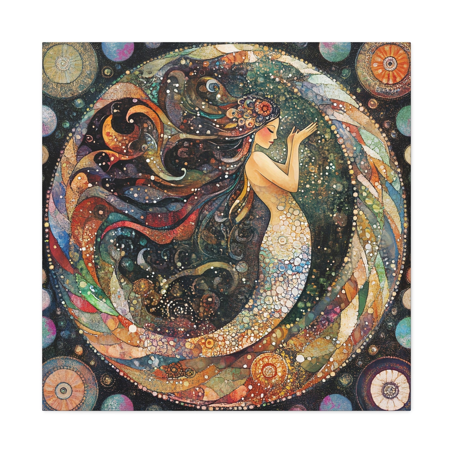 Autumnl Mermaid Canvas Art, Stretched Wall Decor, Bohemian Home Accent, Unique Gift for Sea Lovers, Nautical Art Piece, Coastal Room Decor