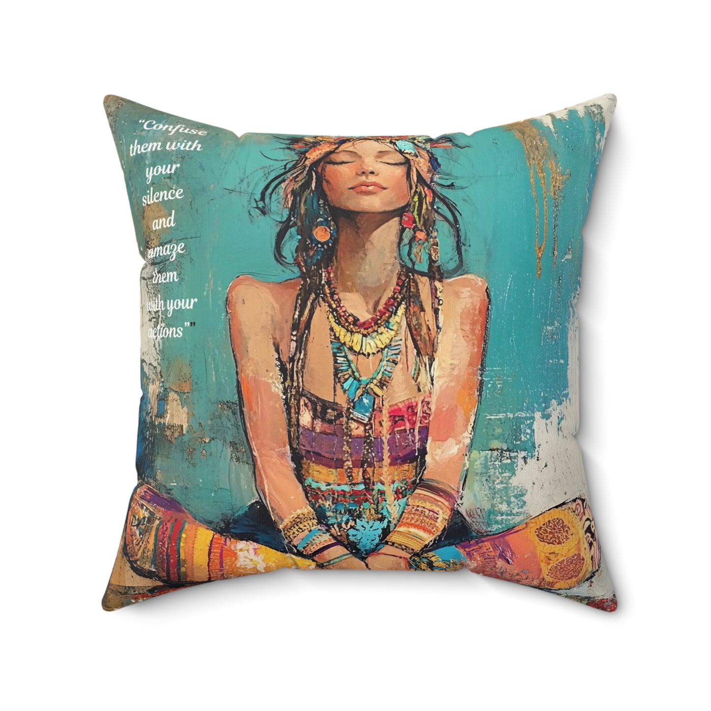 Boho Meditating Woman Faux Suede Square Pillow | Yoga Spiritual Decorative Pillow