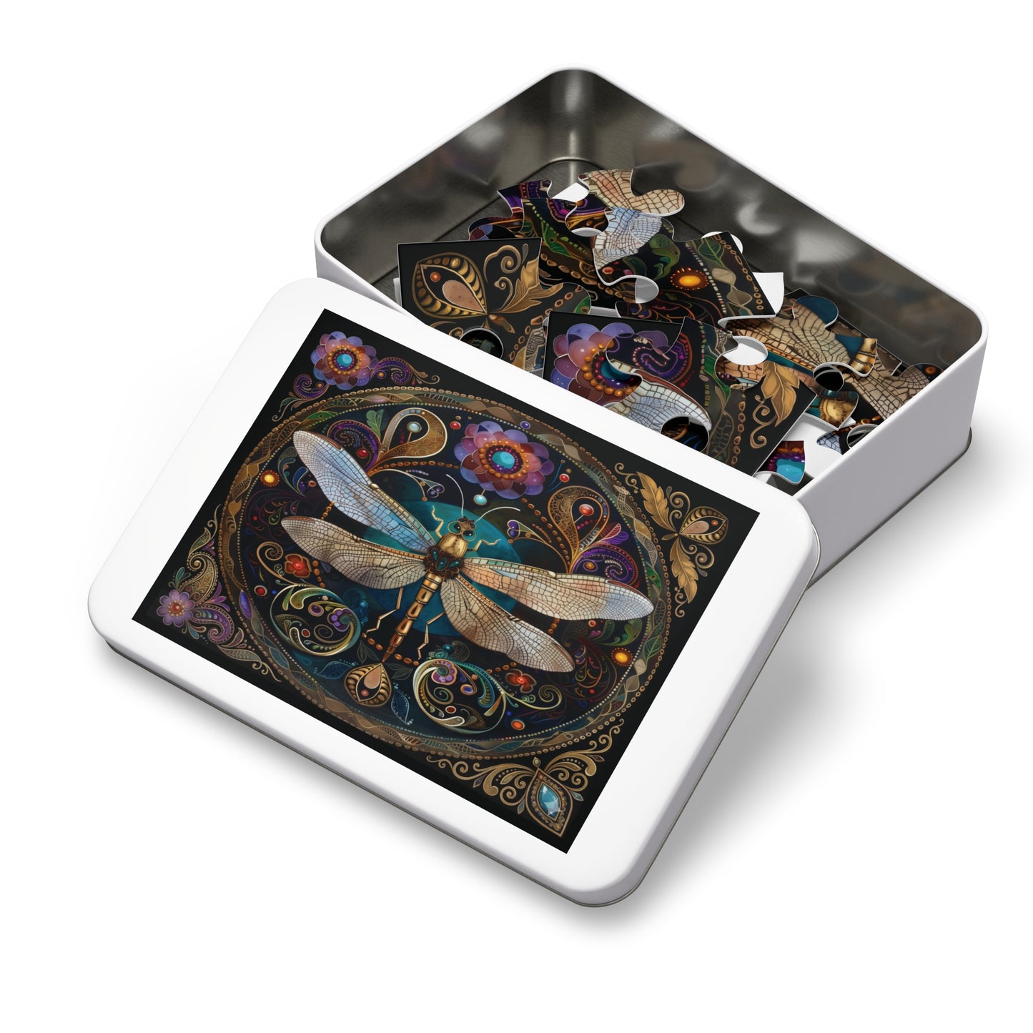 Ornate Dragonfly Jigsaw Puzzle with Tin | Ornate Floral Mosaic