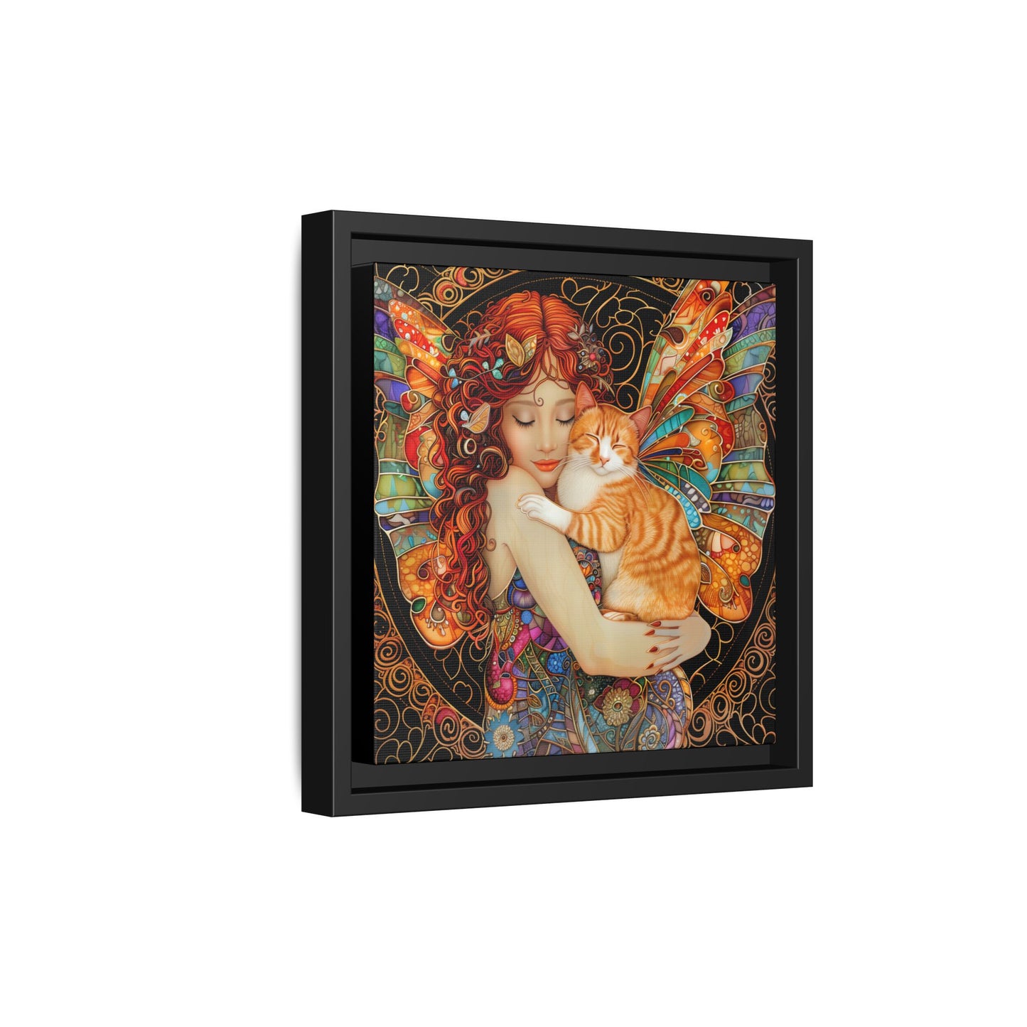 Framed "Tabby"  Fantasy Canvas Art Print - Whimsical Wall Decor, Fairy and Cat Illustration, Magical Gift for Cat Lovers