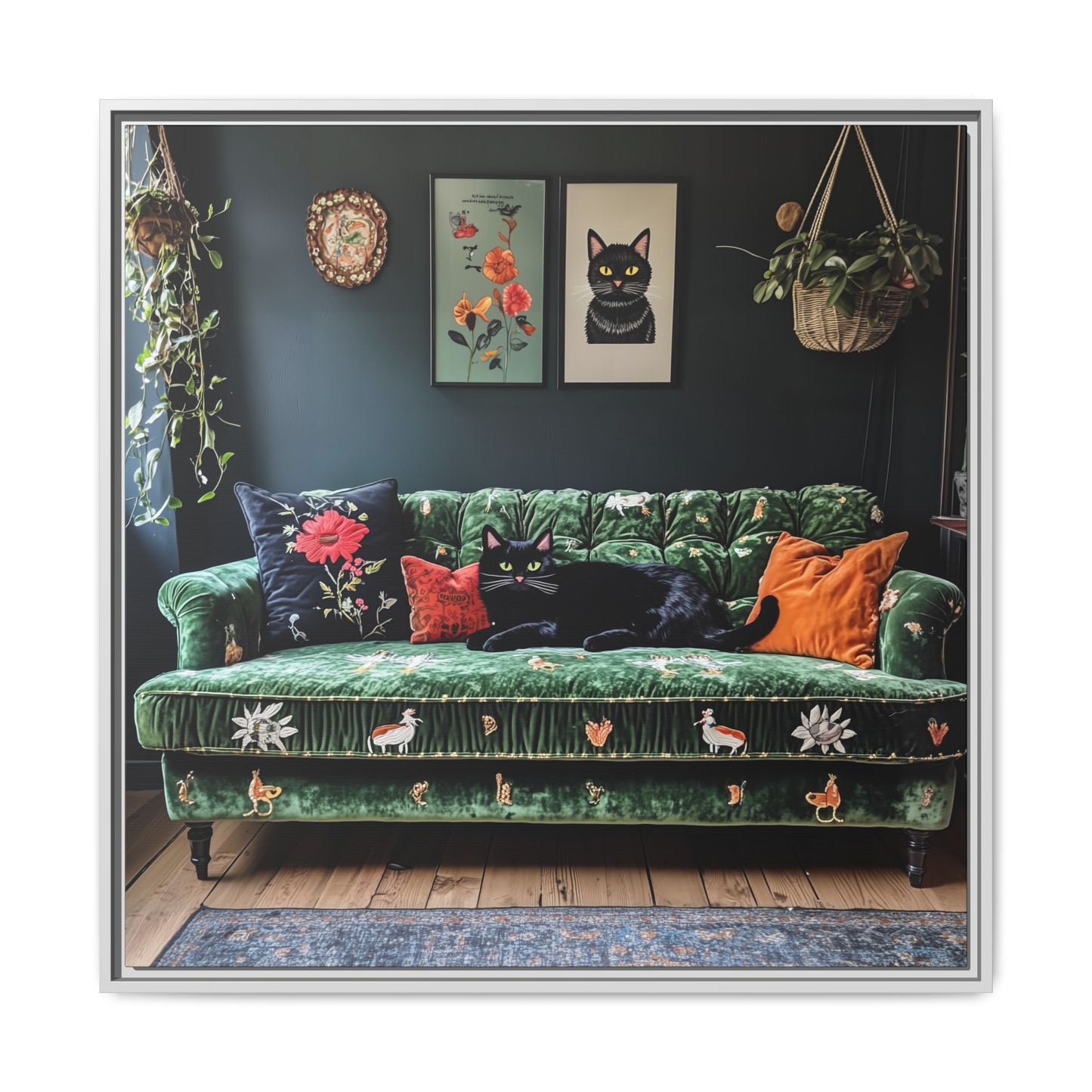 Black "House Cat" Living Room Art Matte Canvas Framed, Green Sofa Boho