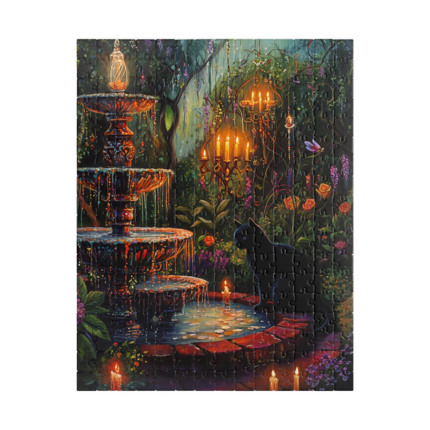 Enchanted Garden Fountain Black Cat puzzle | 520-piece jigsaw, candlelit forest scene