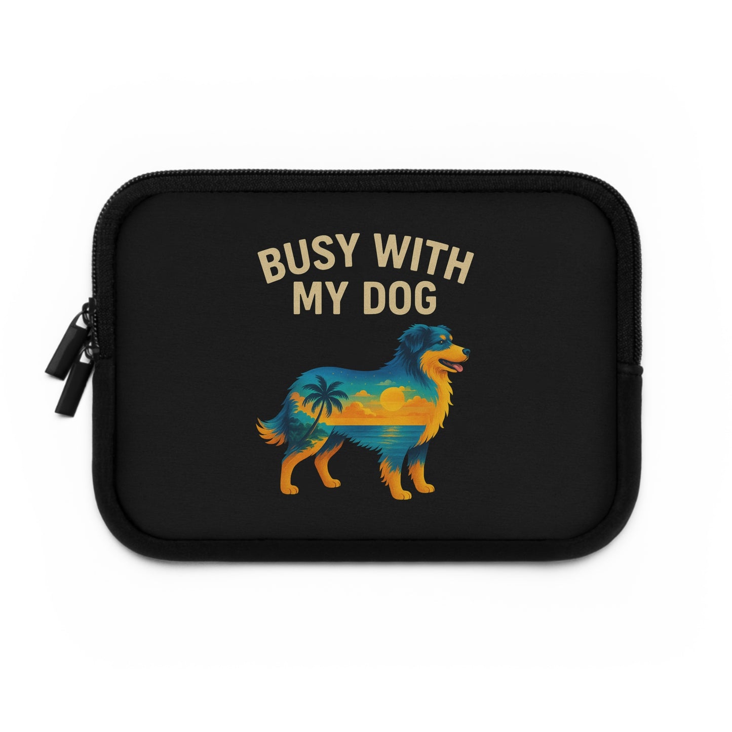 Busy With My Dog laptop sleeve | Dog silhouette sunset beach design