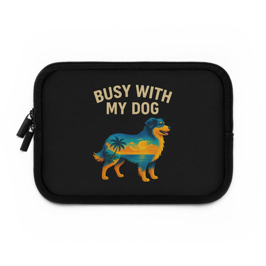 Busy With My Dog laptop sleeve | Dog silhouette sunset beach design