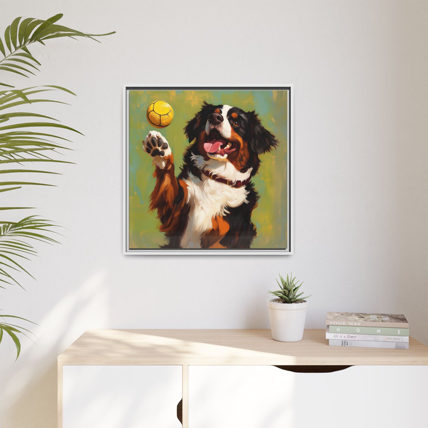 Bernese Mountain Dog Playing Picklball Canvas Wall Art, Matte Canvas Framed