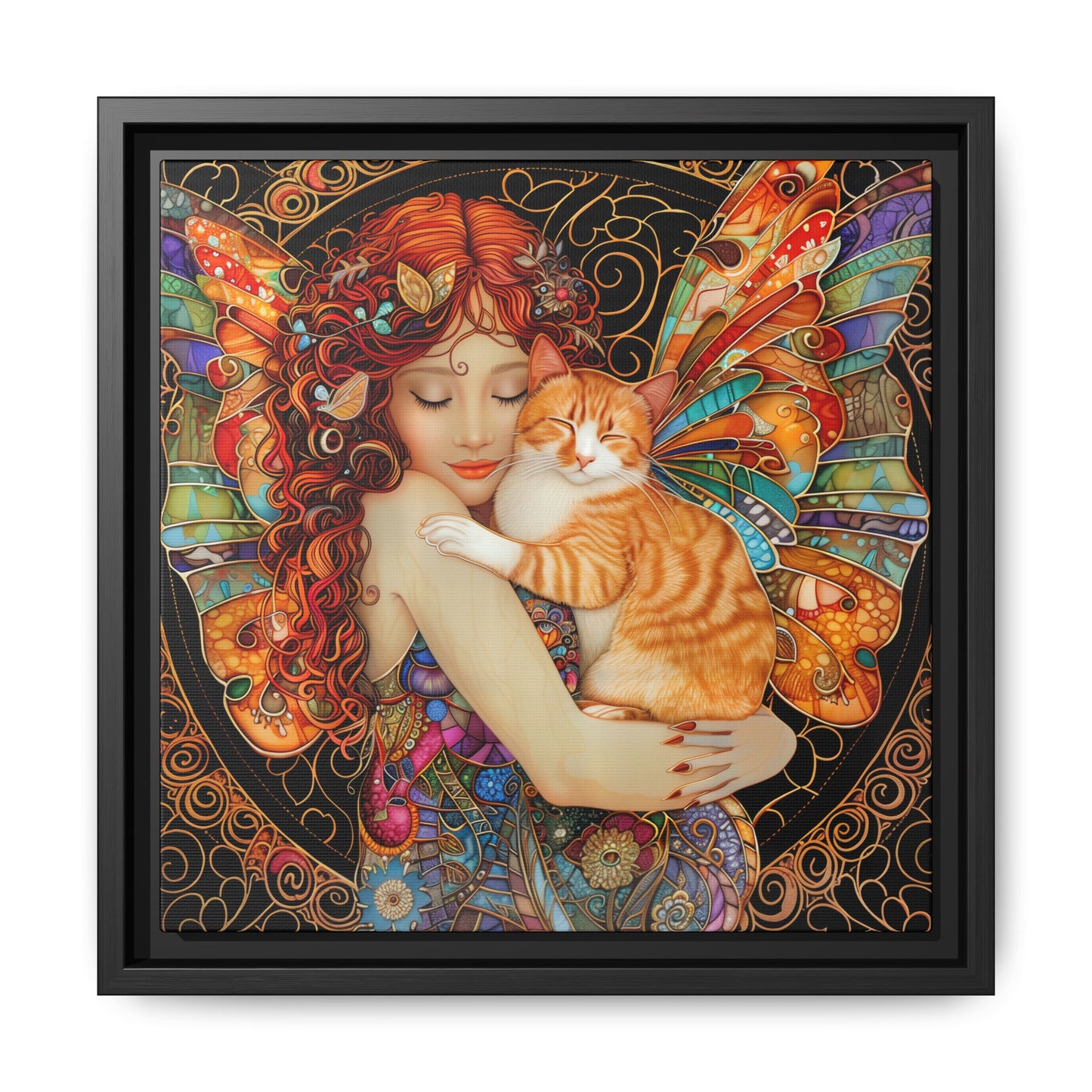 Framed "Tabby"  Fantasy Canvas Art Print - Whimsical Wall Decor, Fairy and Cat Illustration, Magical Gift for Cat Lovers