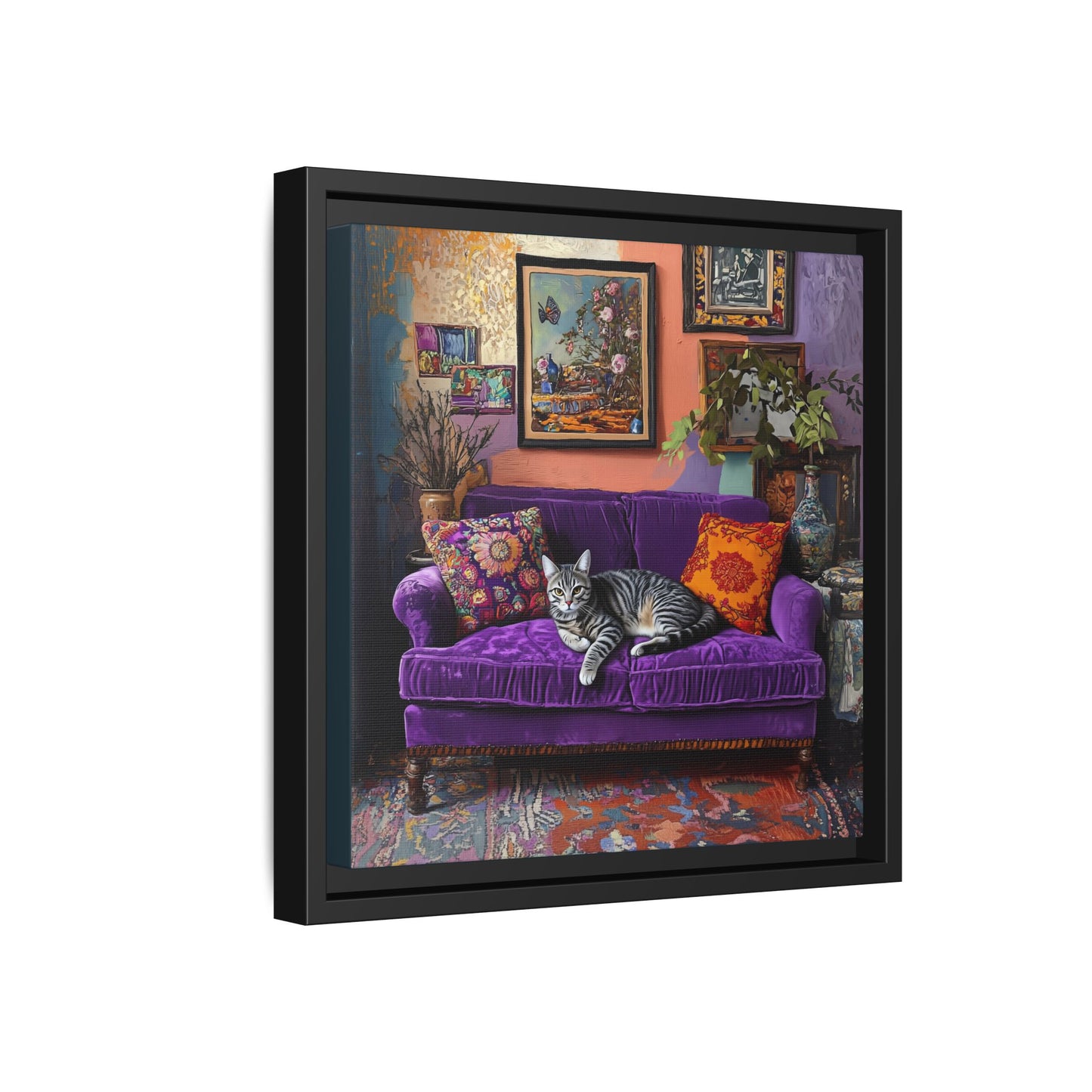 Tabby "House Cat" on Purple Velvet Sofa Matte Canvas Framed | Wall Art