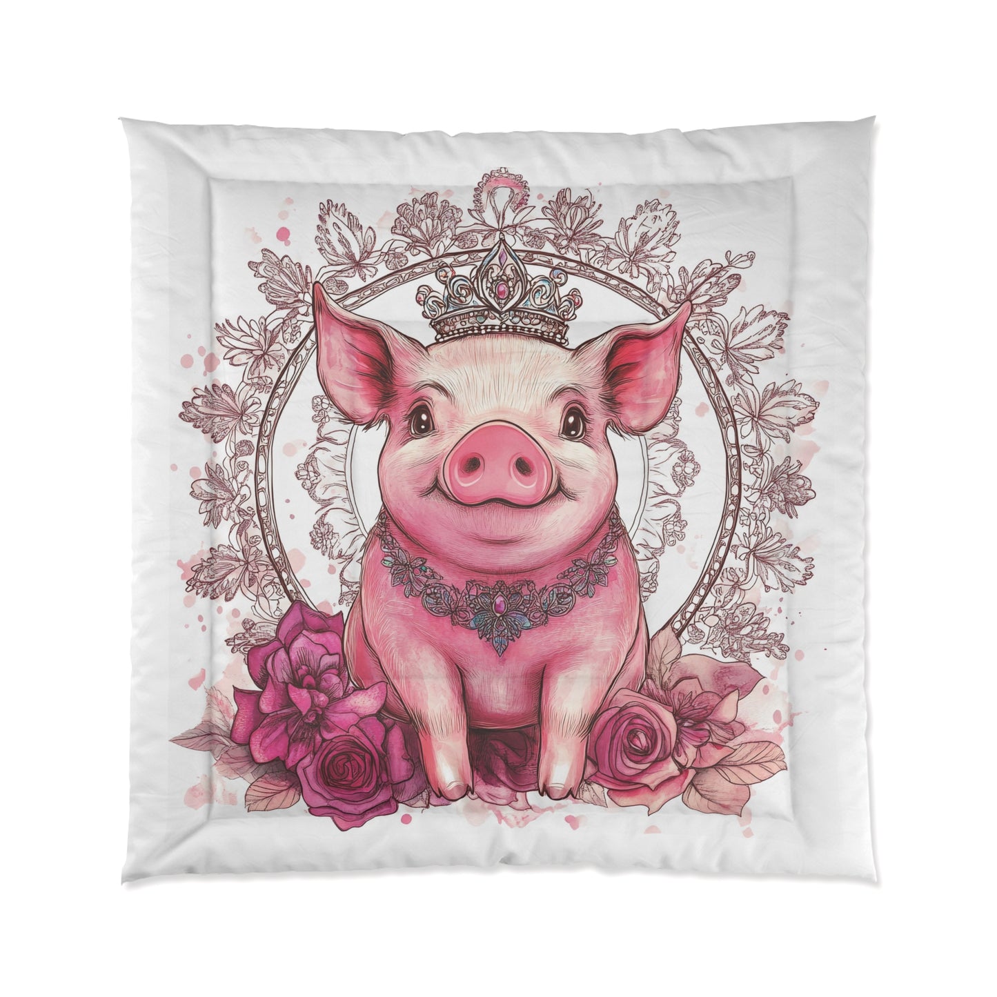 Pig Princess Comforter — Cute Pink Pig Crowned with Roses Decorative Bedding