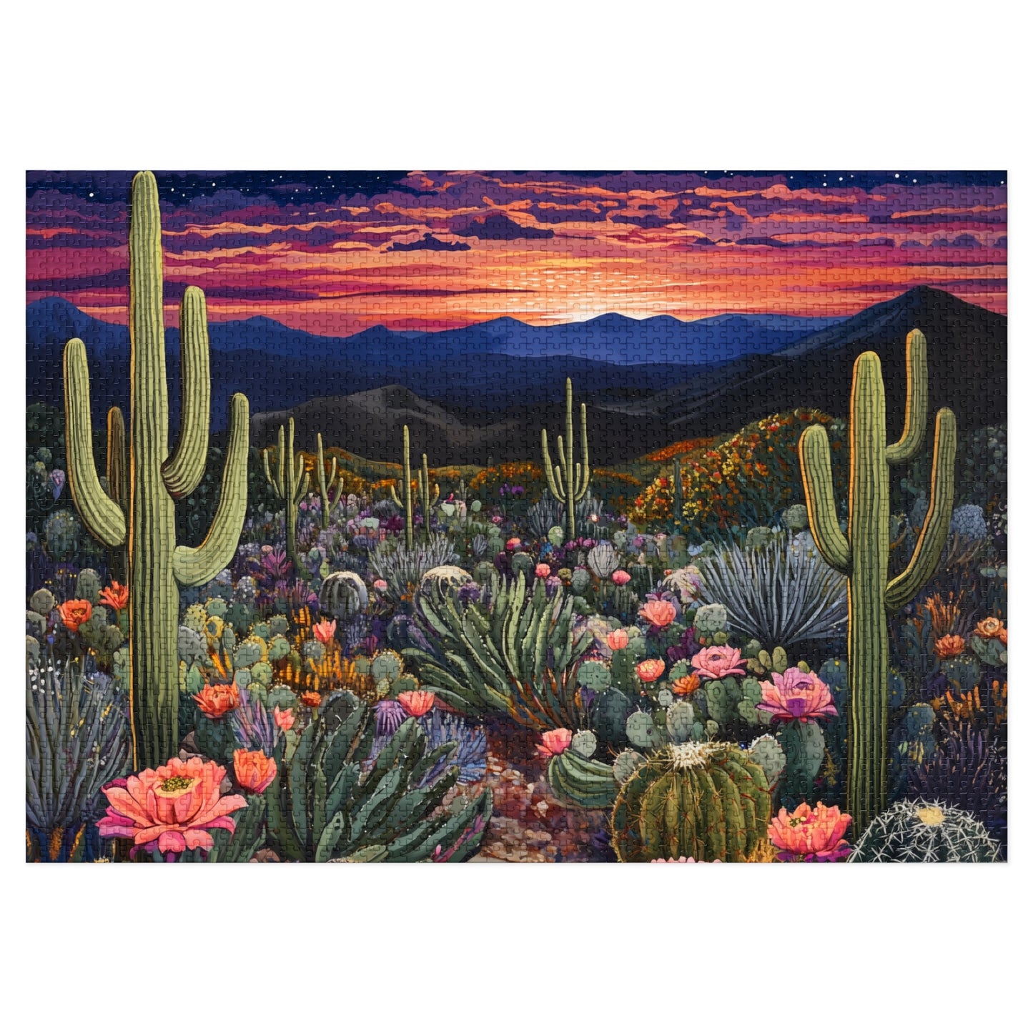 Desert Cactus Sunset Jigsaw Puzzle with Tin | Desert Landscape Puzzle