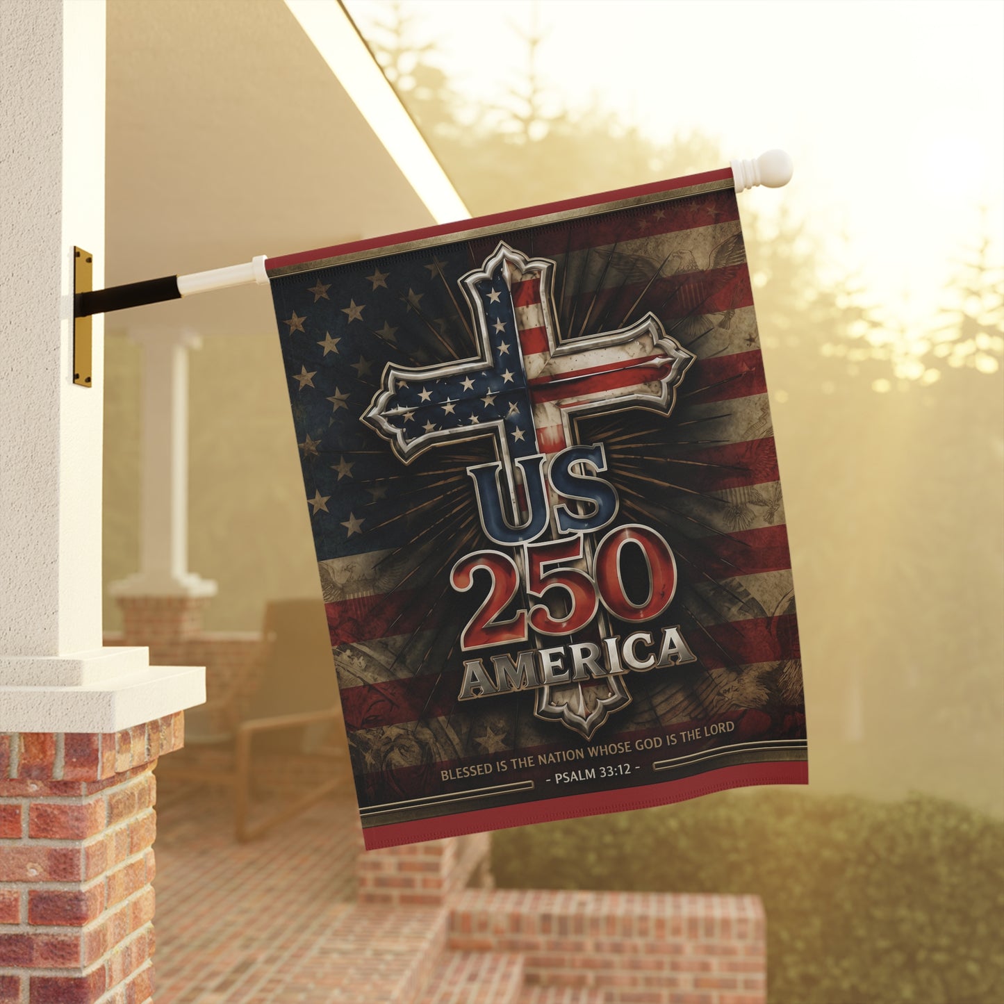 American Flag Cross US 250 Garden Banner Patriotic Scripture Psalm 33:12