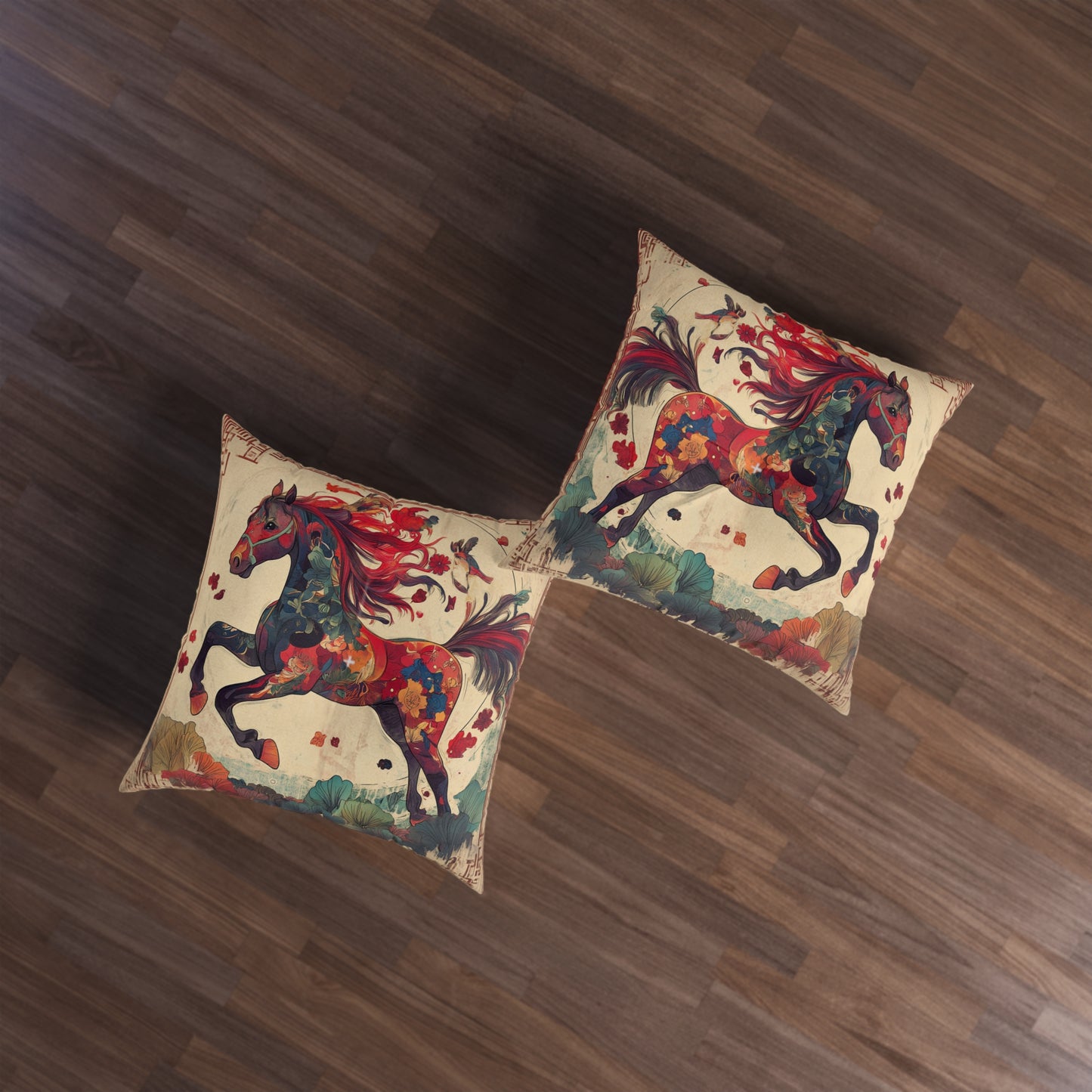 Year of the Horse Tufted Floor Pillow, Square | Colorful Equestrian Accent Cushion