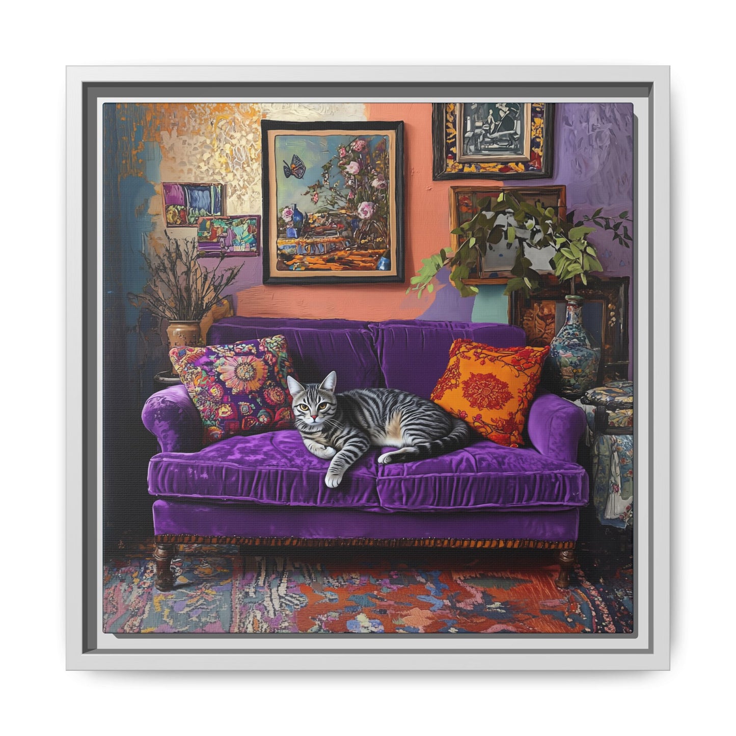 Tabby "House Cat" on Purple Velvet Sofa Matte Canvas Framed | Wall Art