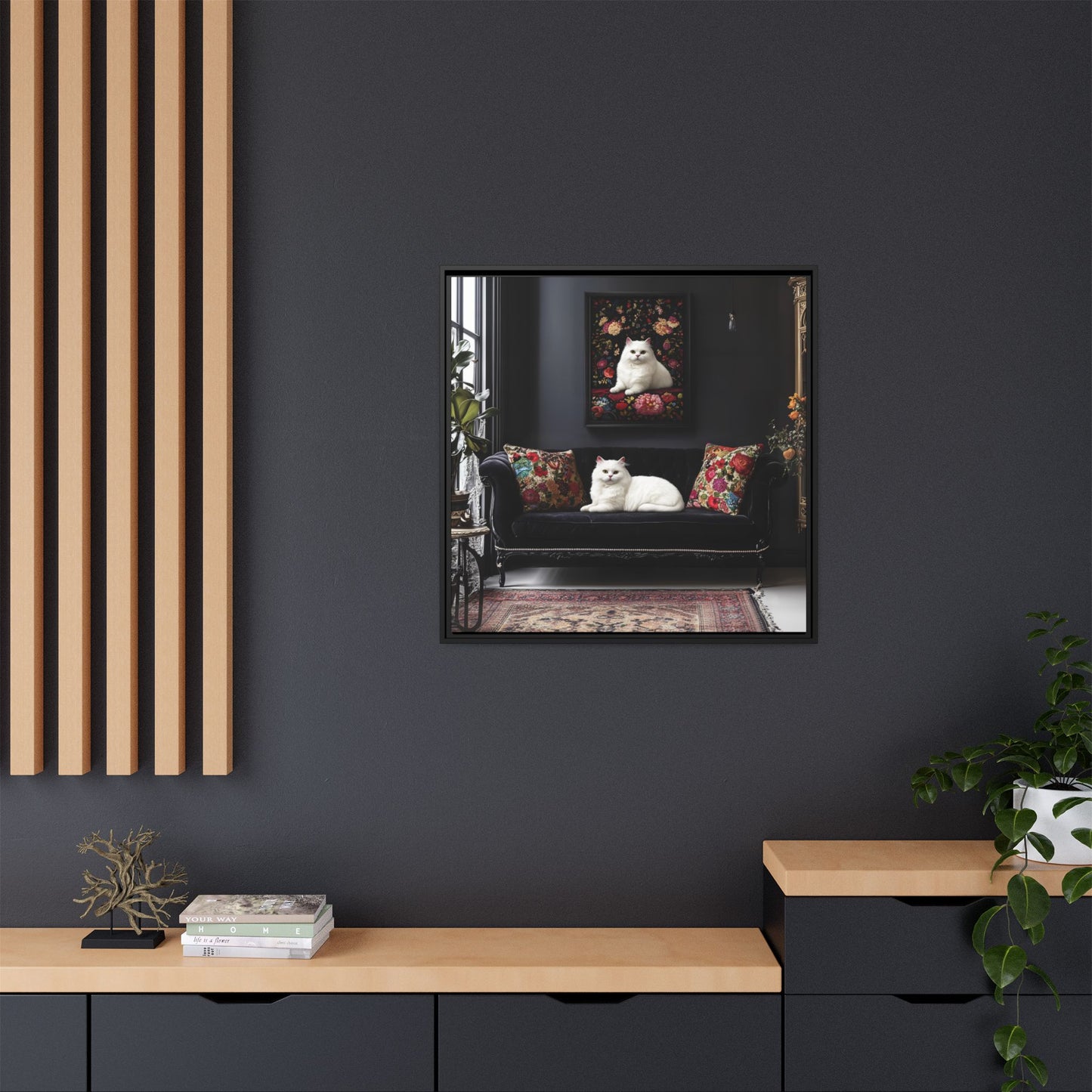 White Persian "House Cat" Portrait Matte Canvas Framed | Floral Still Life Wall Art