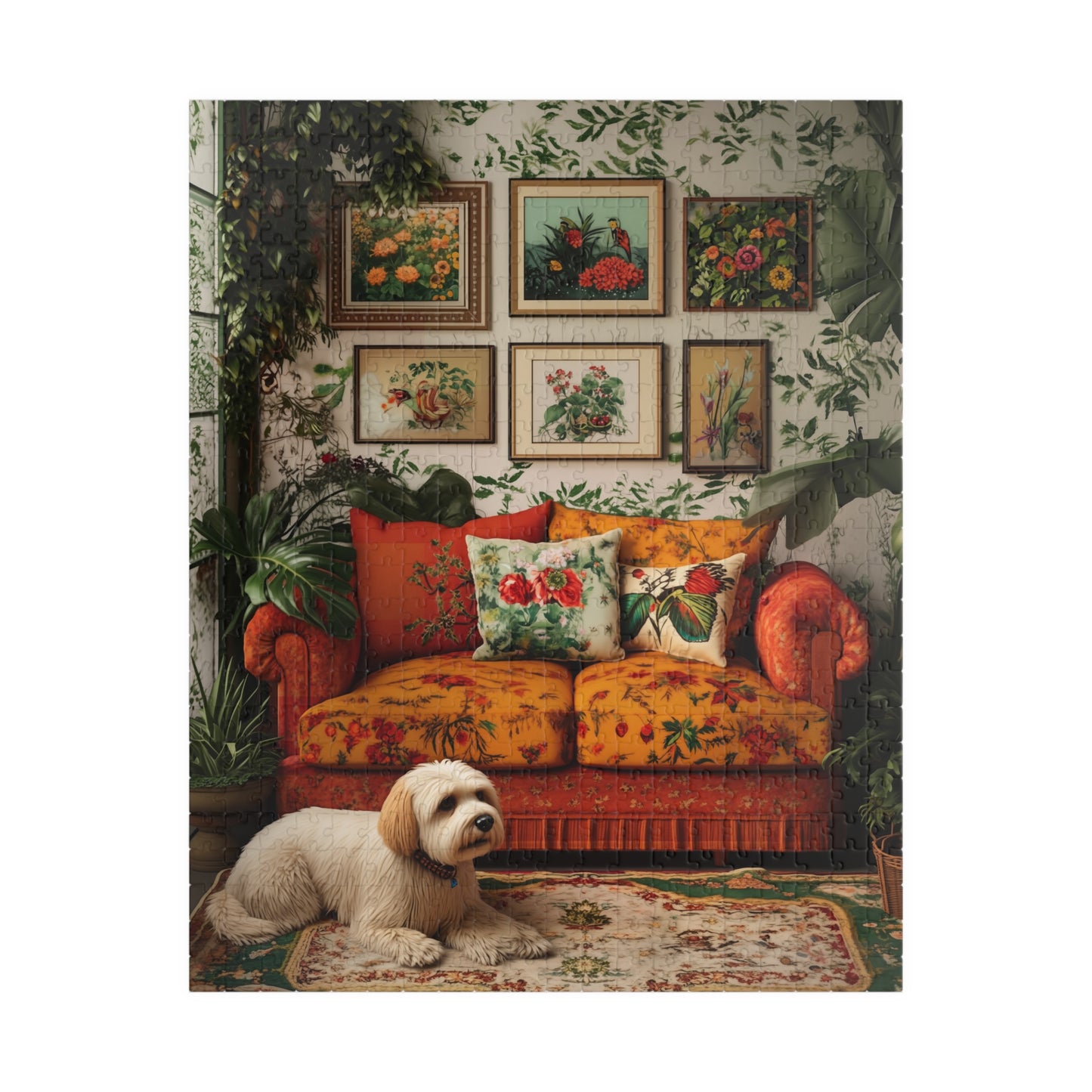 Doodle Cozy Vintage Living Room Puzzle 520 Piece | Floral Sofa Dog Illustration
