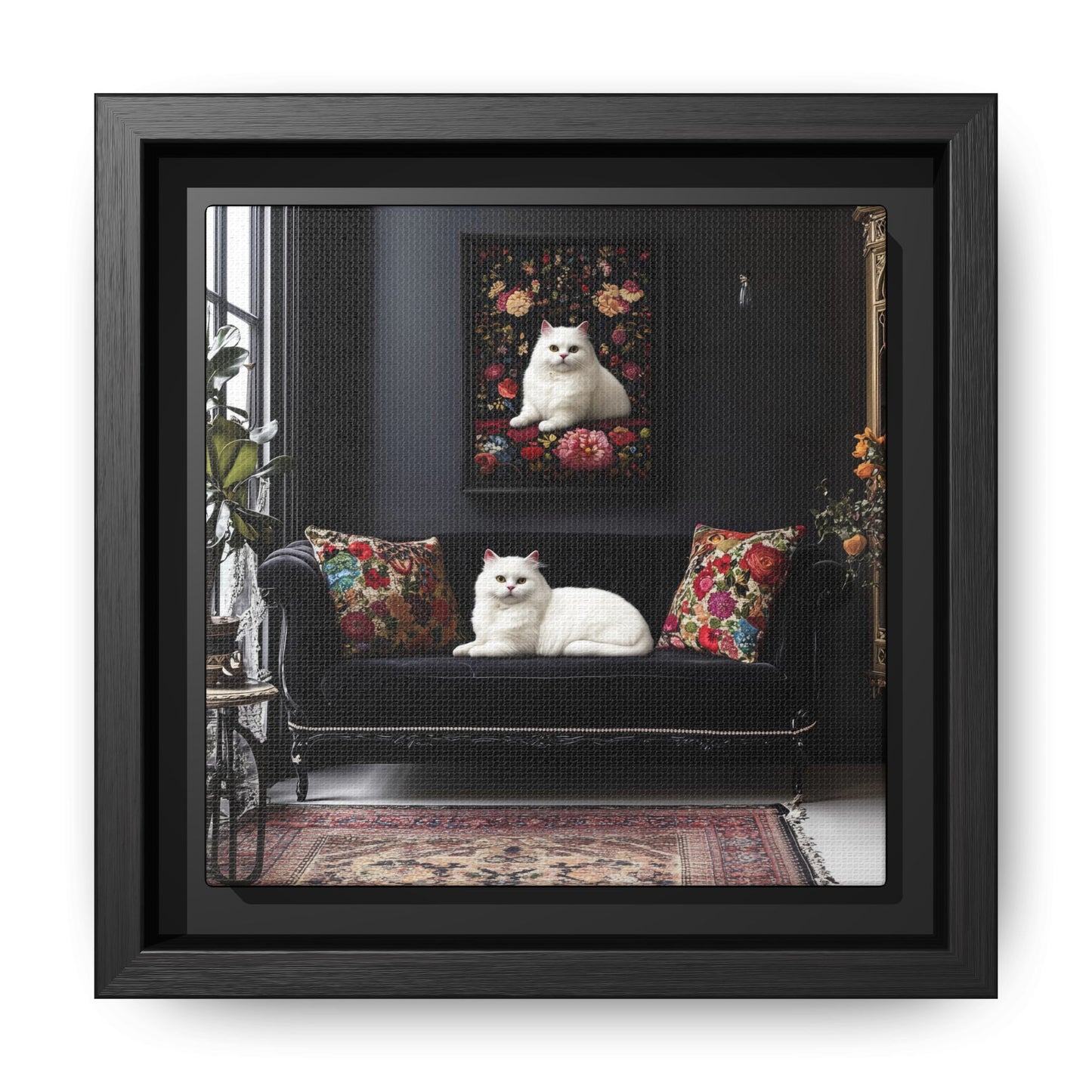 White Persian "House Cat" Portrait Matte Canvas Framed | Floral Still Life Wall Art