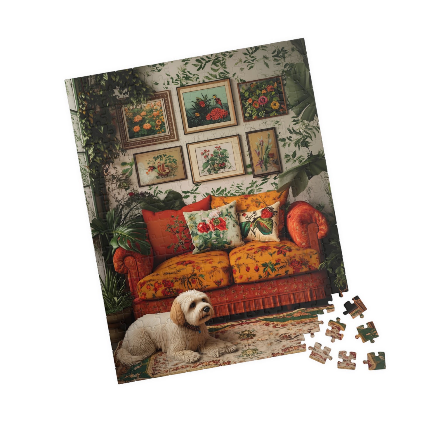Doodle Cozy Vintage Living Room Puzzle 520 Piece | Floral Sofa Dog Illustration