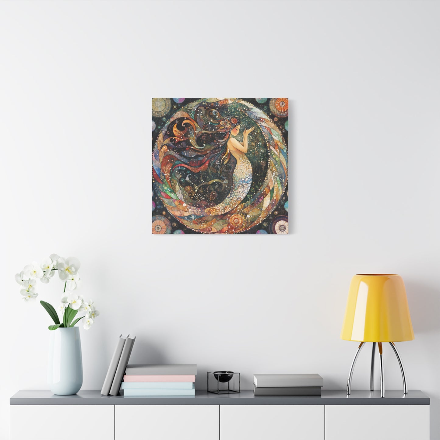 Autumnl Mermaid Canvas Art, Stretched Wall Decor, Bohemian Home Accent, Unique Gift for Sea Lovers, Nautical Art Piece, Coastal Room Decor