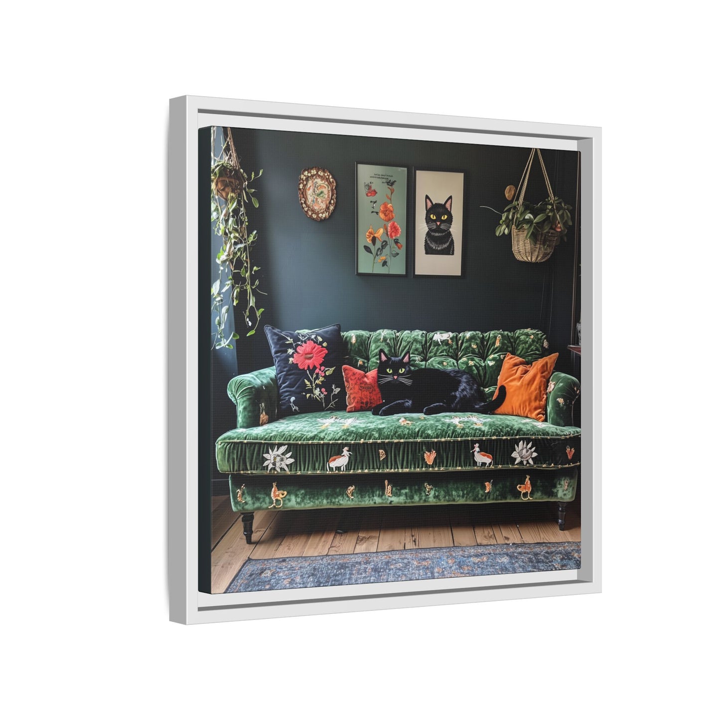 Black "House Cat" Living Room Art Matte Canvas Framed, Green Sofa Boho