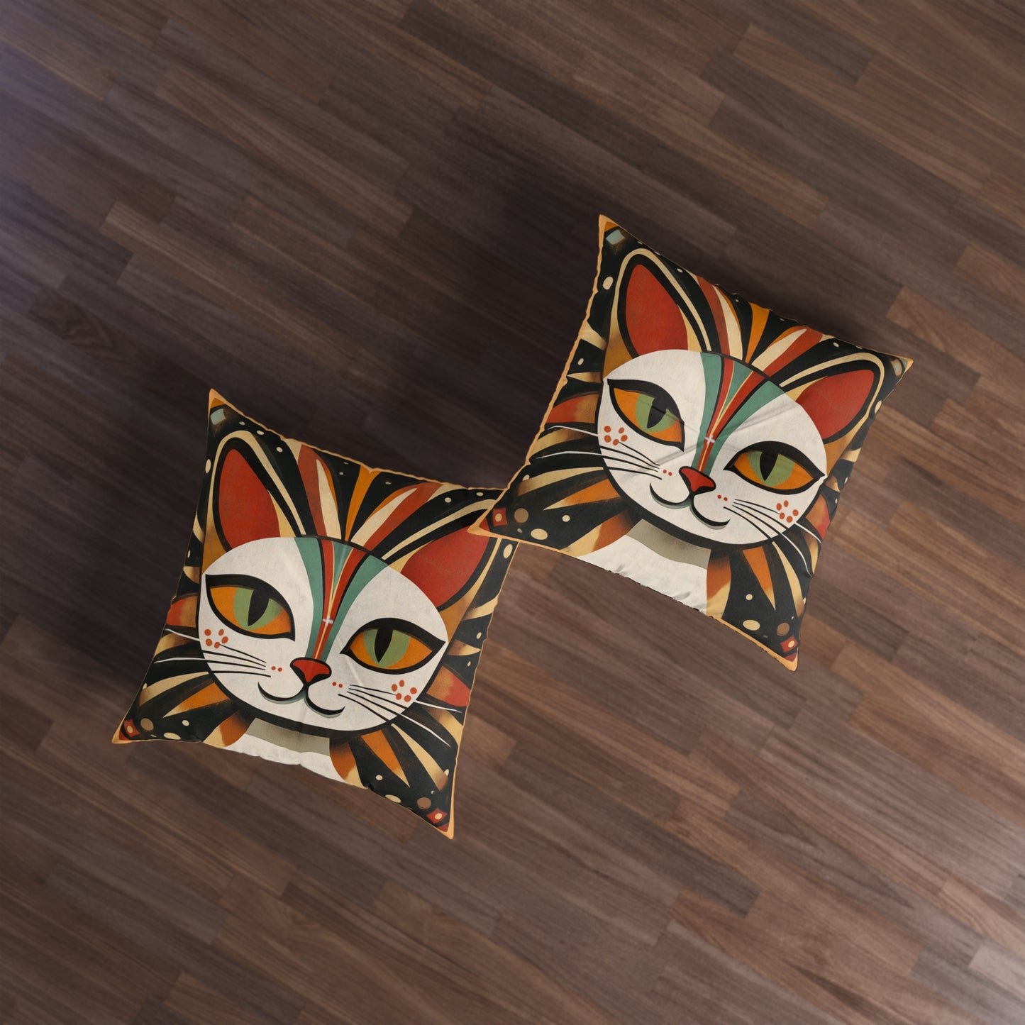 Retro Mid Century Modern Colorful Cat Face Tufted Floor Pillow | Square