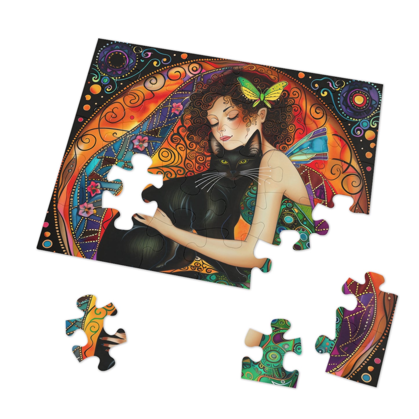 Fairy Embracing Black Cat Jigsaw Puzzle with Tin | Colorful Boho Art