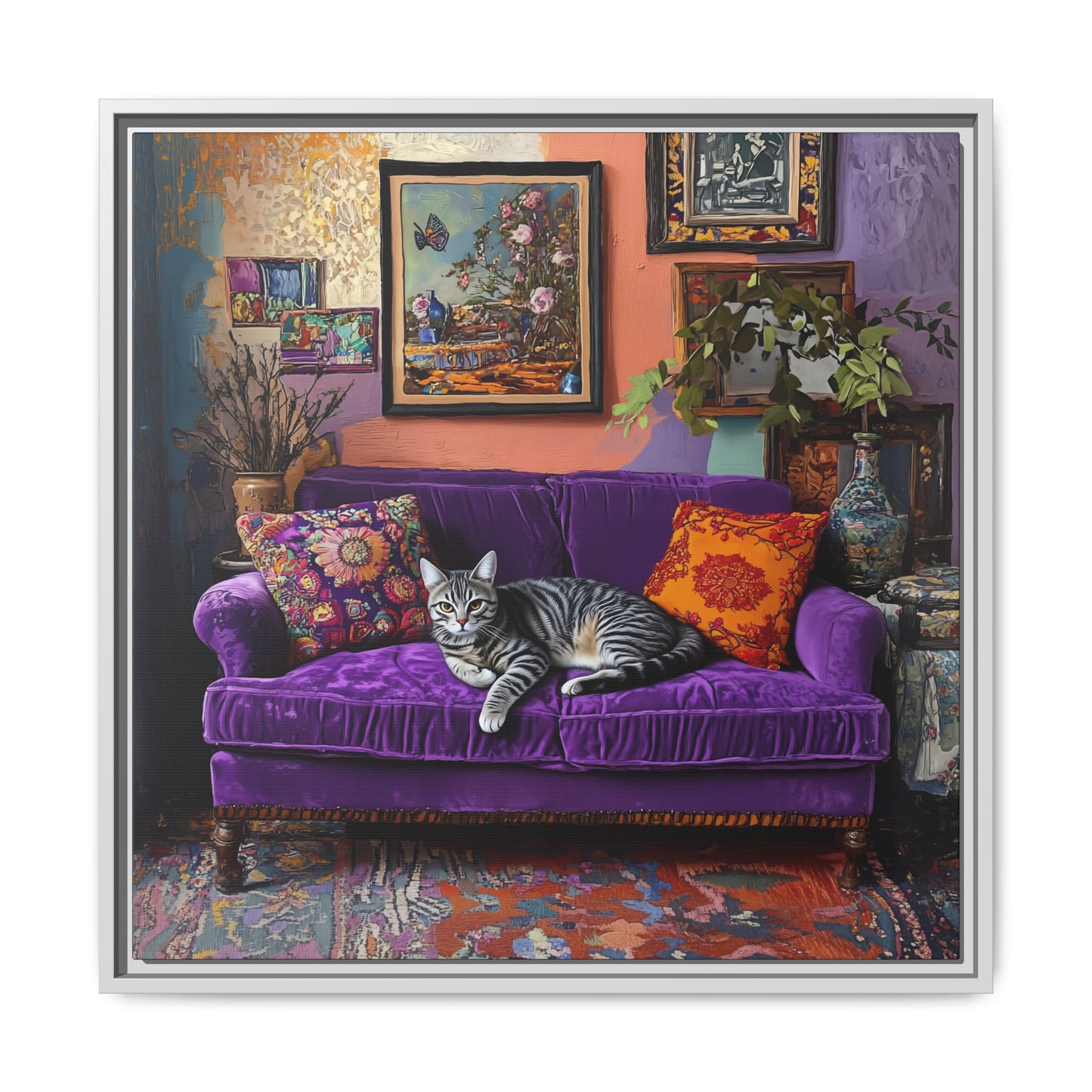 Tabby "House Cat" on Purple Velvet Sofa Matte Canvas Framed | Wall Art