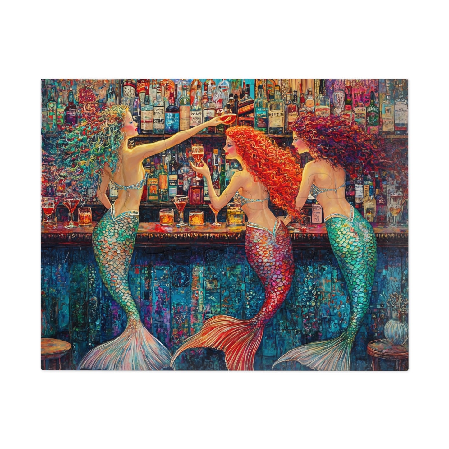 Mermaid Bar Scene Jigsaw Puzzle with Tin | Colorful Ocean Sirens