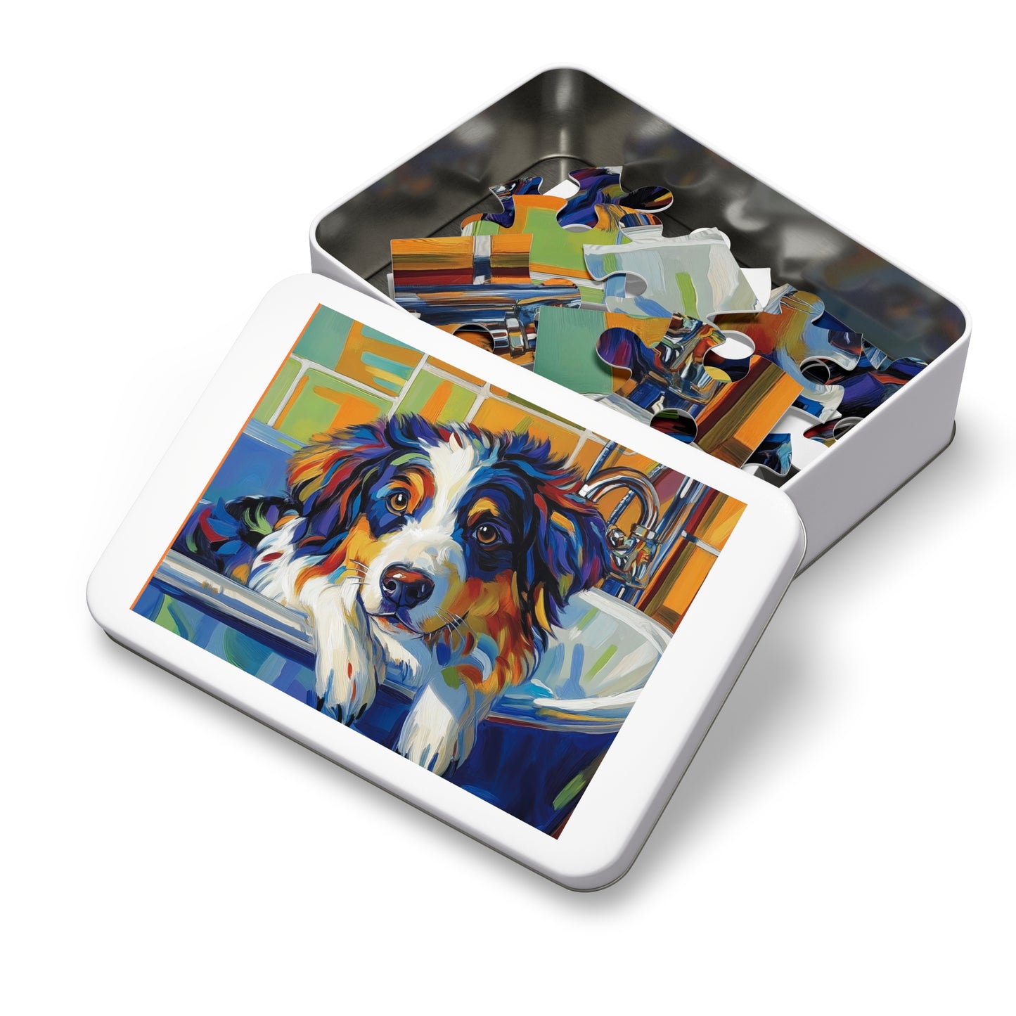 Bathtub Puppy Aussie Dog Jigsaw Puzzle with Tin | 500pc Painted Pet Art, Australian Shepherd Gift