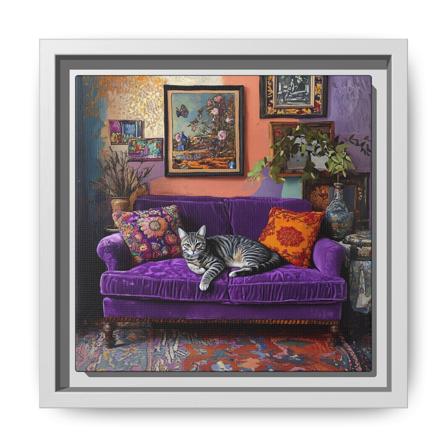 Tabby "House Cat" on Purple Velvet Sofa Matte Canvas Framed | Wall Art