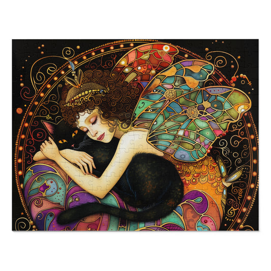 Sleeping Fairy with Black Cat Jigsaw Puzzle
