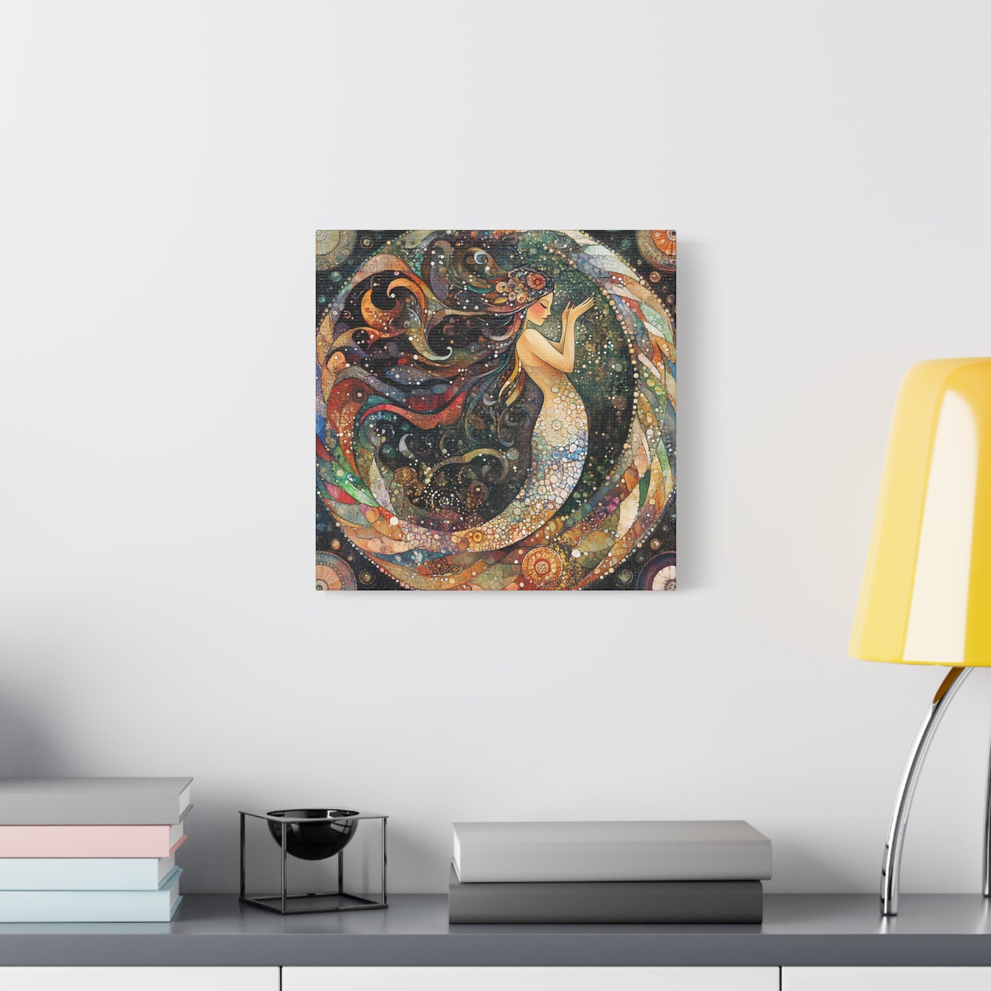 Autumnl Mermaid Canvas Art, Stretched Wall Decor, Bohemian Home Accent, Unique Gift for Sea Lovers, Nautical Art Piece, Coastal Room Decor