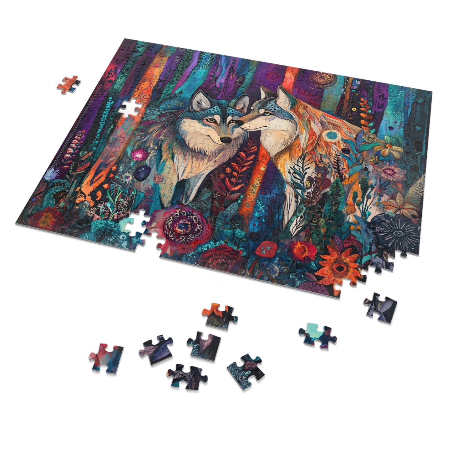 Mystic Wolves jigsaw puzzle with tin | colorful forest wolf art