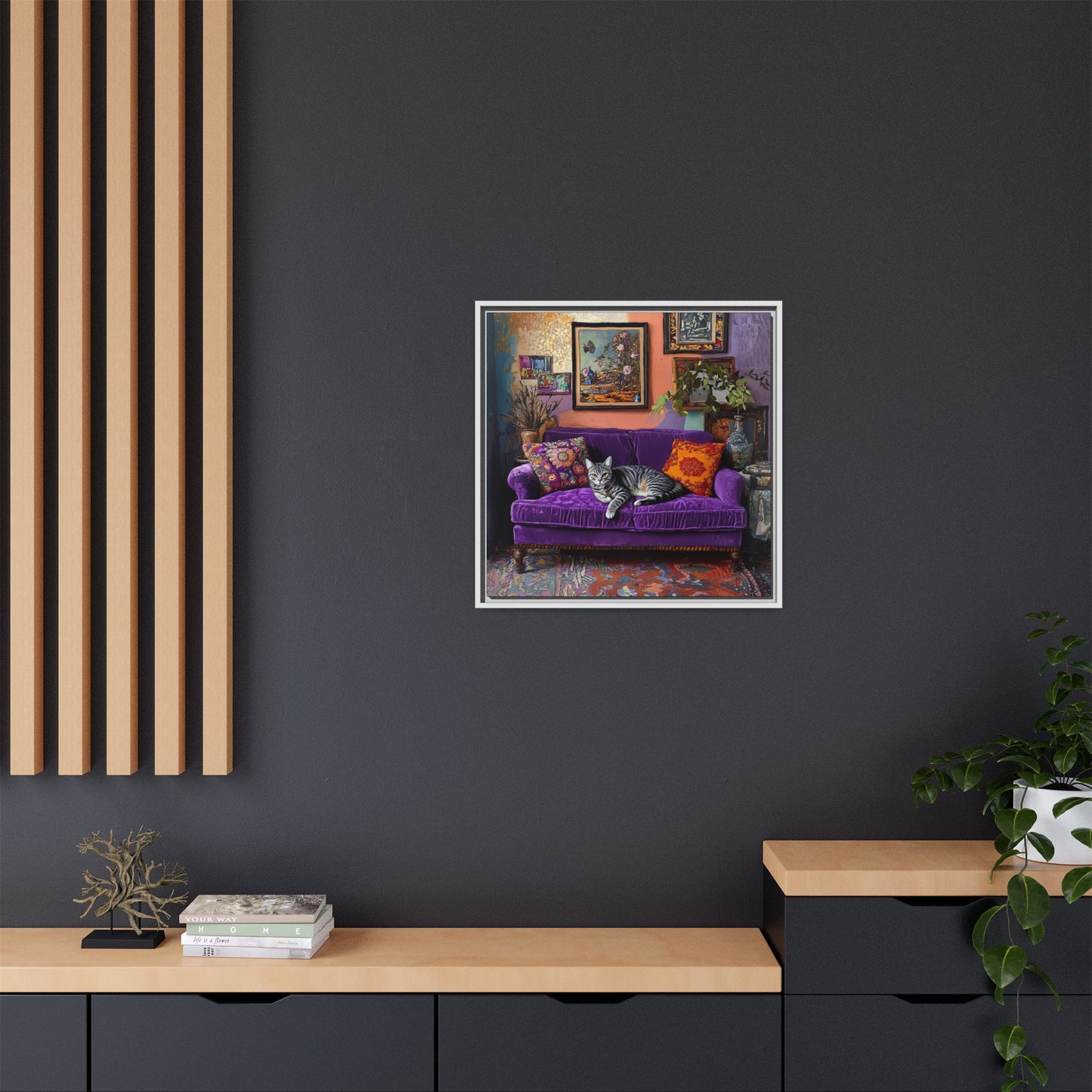 Tabby "House Cat" on Purple Velvet Sofa Matte Canvas Framed | Wall Art