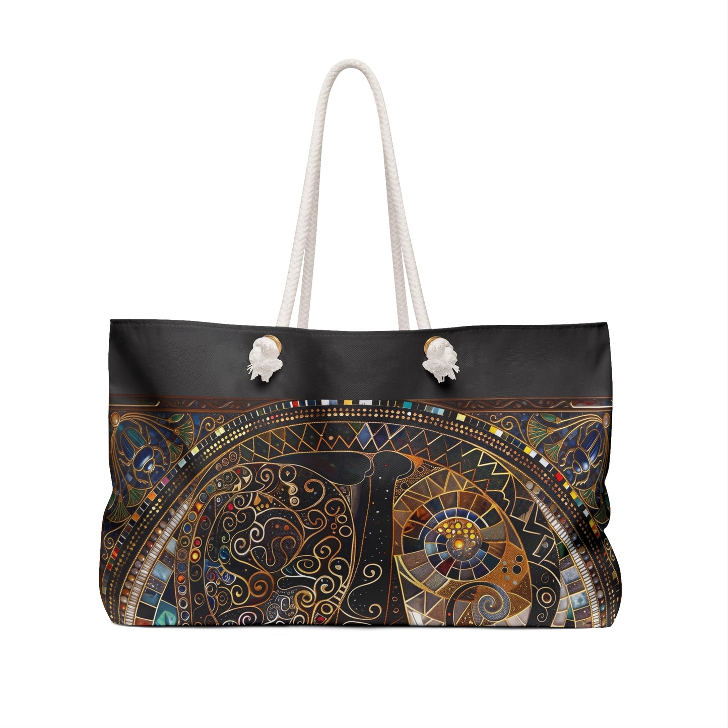 Mystic Mosaic Cat Weekender Bag  Boho Black Cat Travel Tote