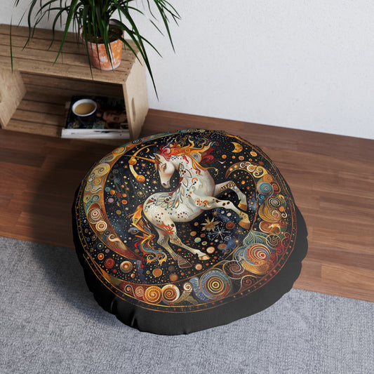 Celestial Unicorn Tufted Floor Pillow, Round, Bohemian Home Decor, Cozy Living Room Accent, Gift for Kids or Unicorn Lovers, Astrology Decor
