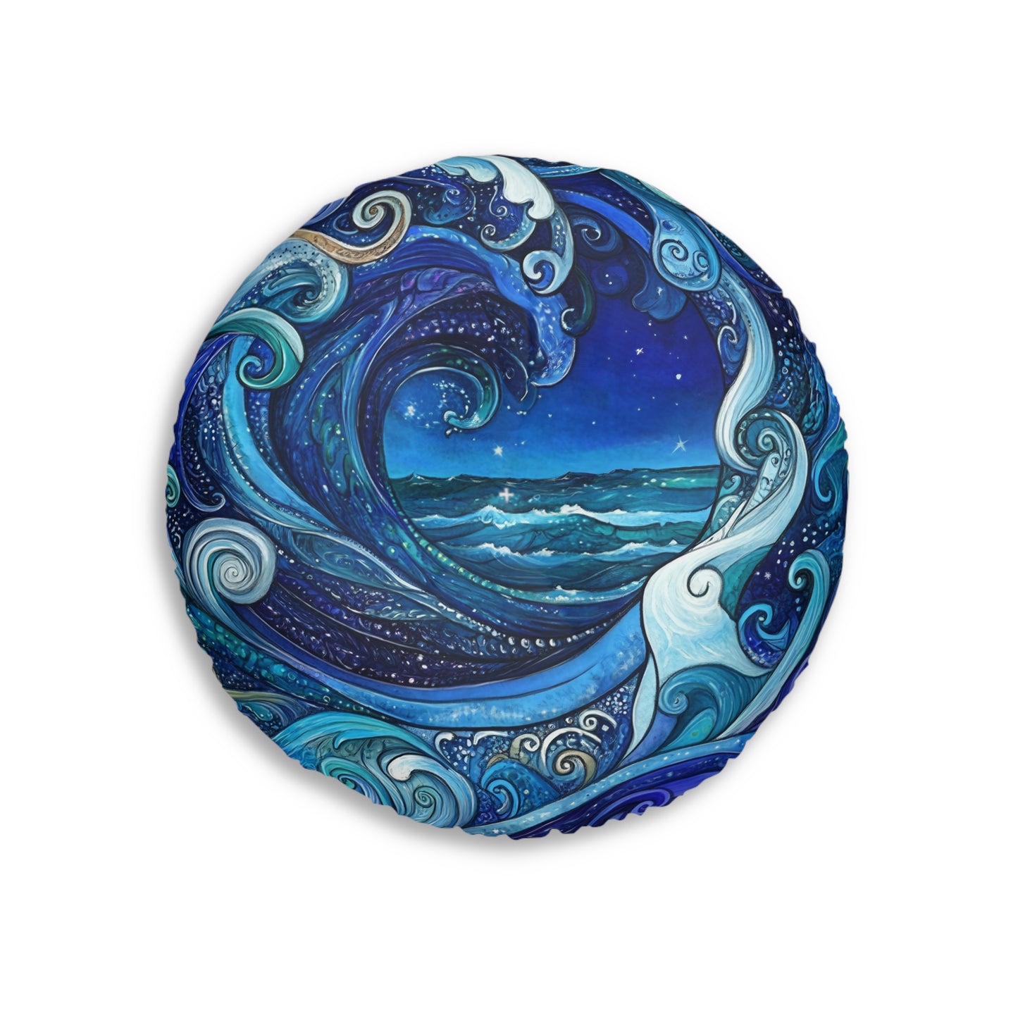 Ocean Wave Round Floor Pillow — Tufted Nautical Bohemian Decor