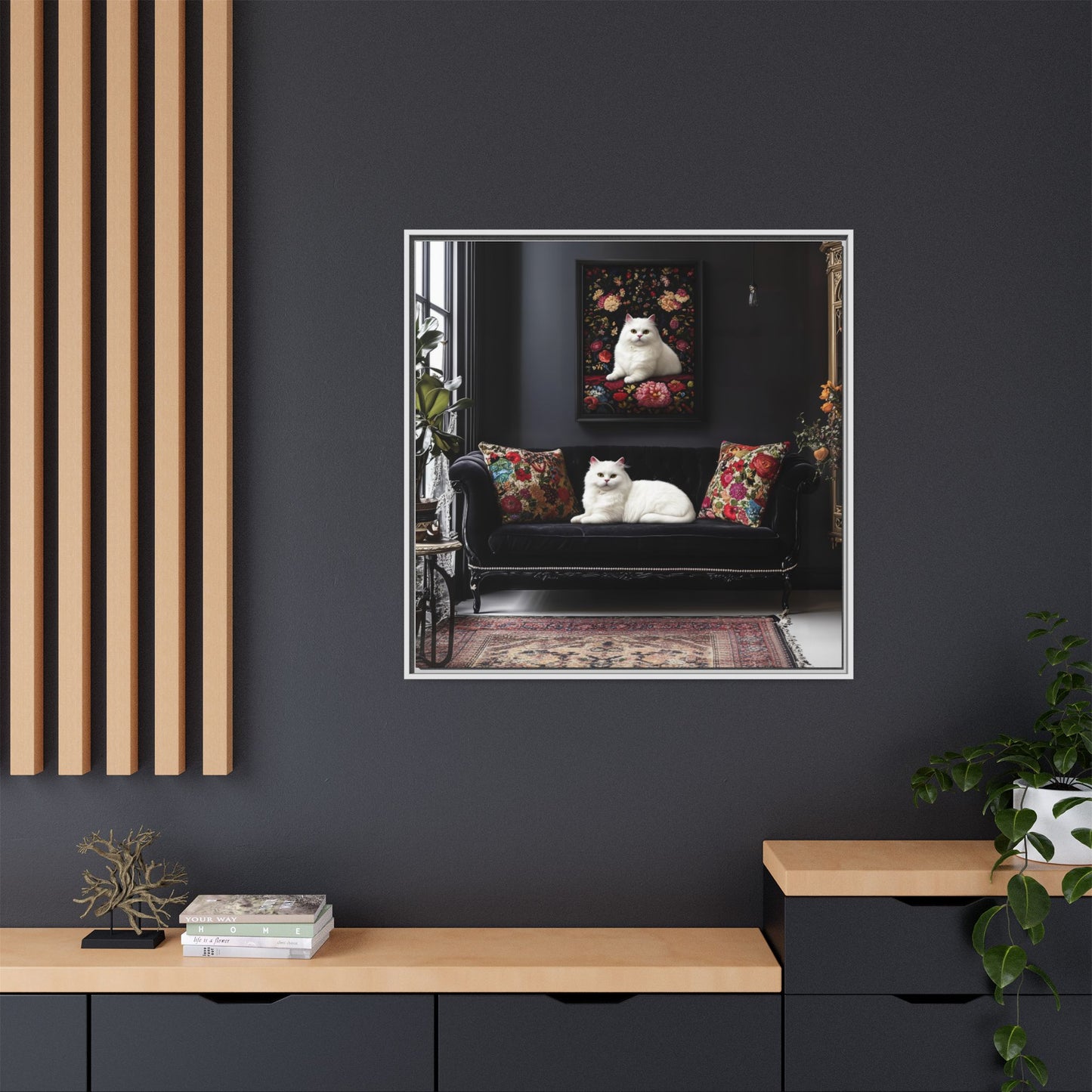 White Persian "House Cat" Portrait Matte Canvas Framed | Floral Still Life Wall Art