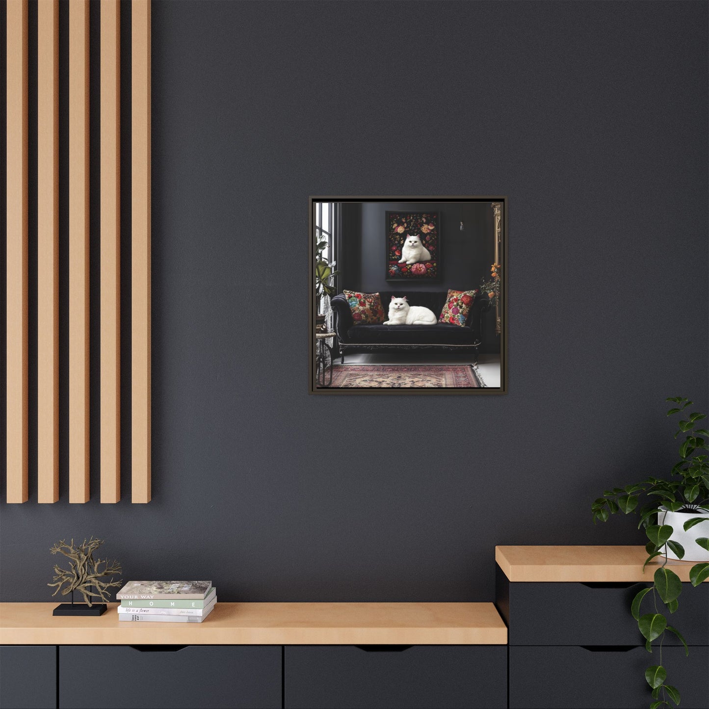 White Persian "House Cat" Portrait Matte Canvas Framed | Floral Still Life Wall Art