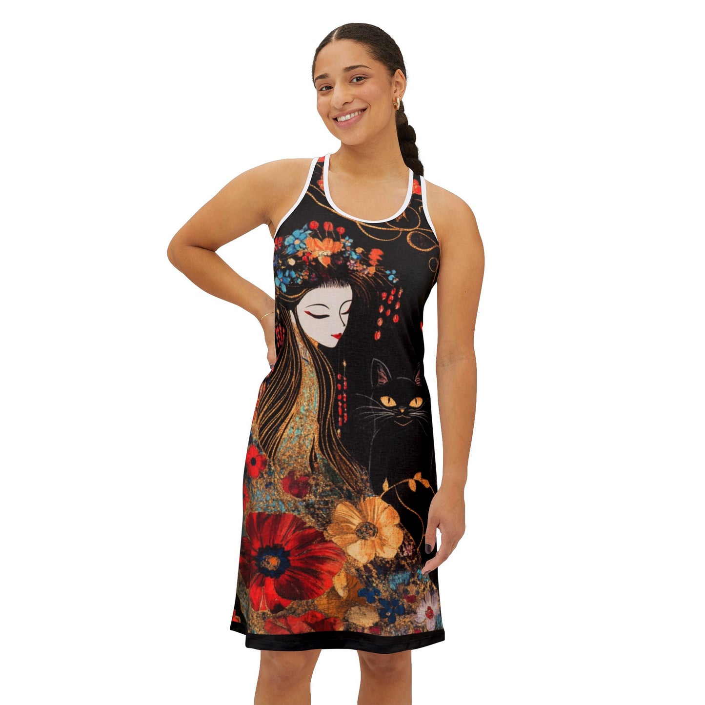 Geisha Cat Floral Racerback Dress, Summer Casual Dress, Ideal for Festivals, Beach Wear, Unique Gift for Women, Art Inspired Fashion
