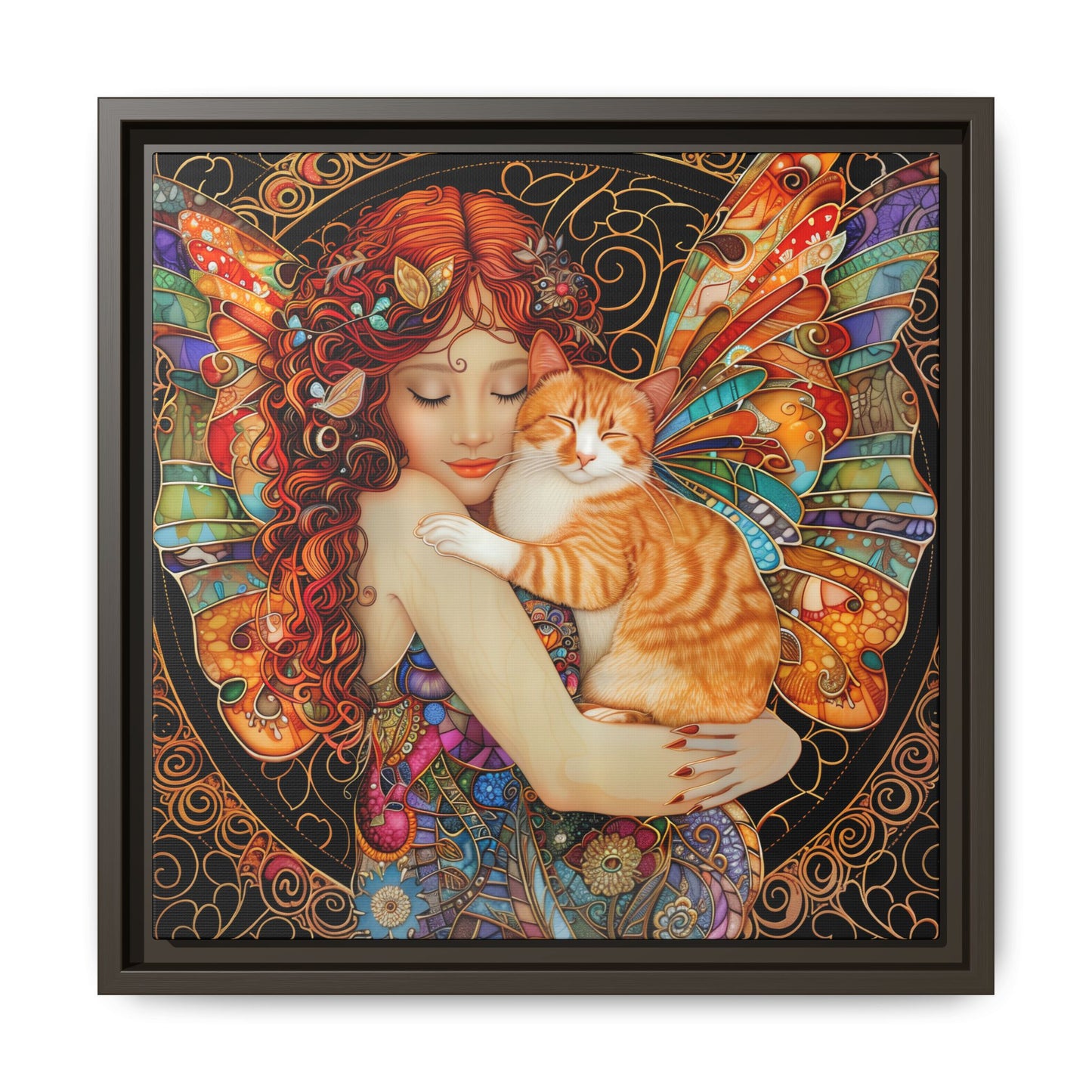 Framed "Tabby"  Fantasy Canvas Art Print - Whimsical Wall Decor, Fairy and Cat Illustration, Magical Gift for Cat Lovers