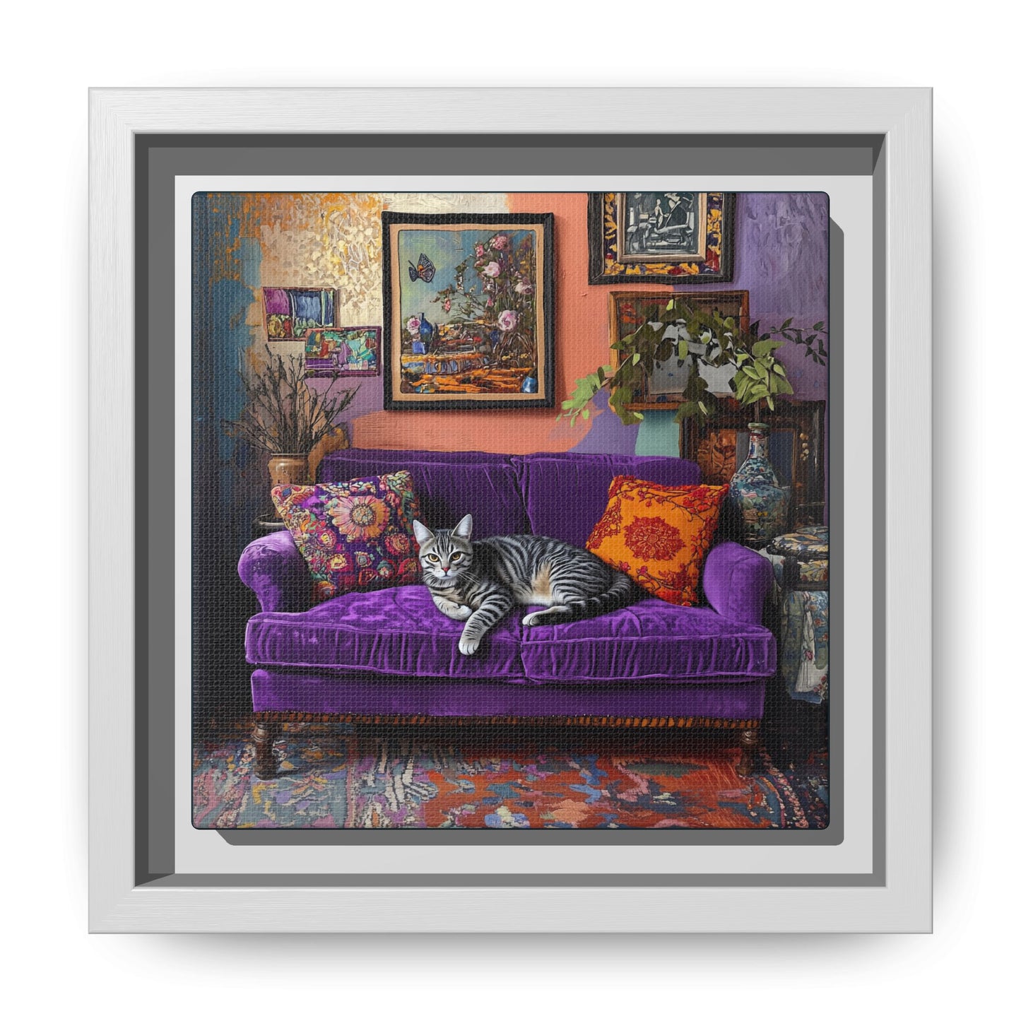 Tabby "House Cat" on Purple Velvet Sofa Matte Canvas Framed | Wall Art