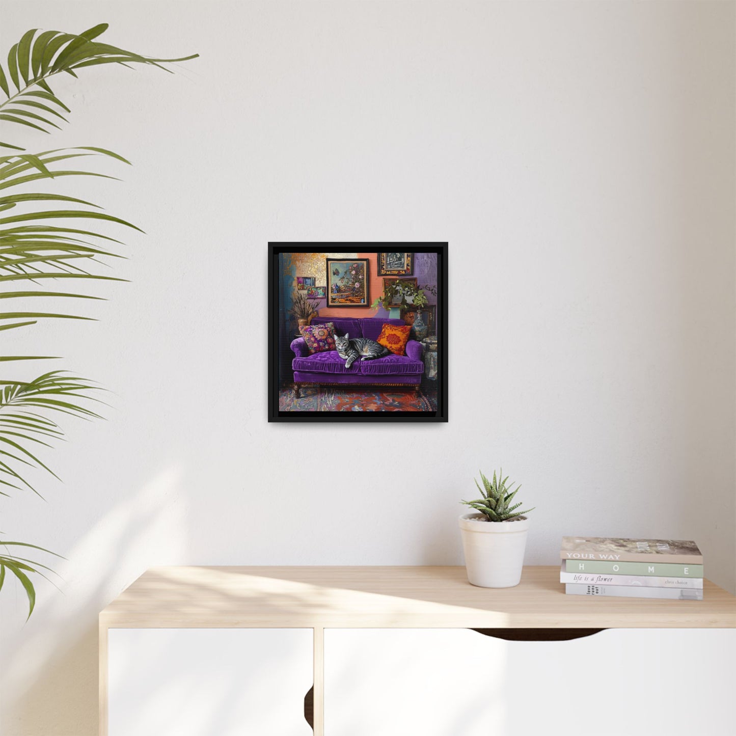 Tabby "House Cat" on Purple Velvet Sofa Matte Canvas Framed | Wall Art