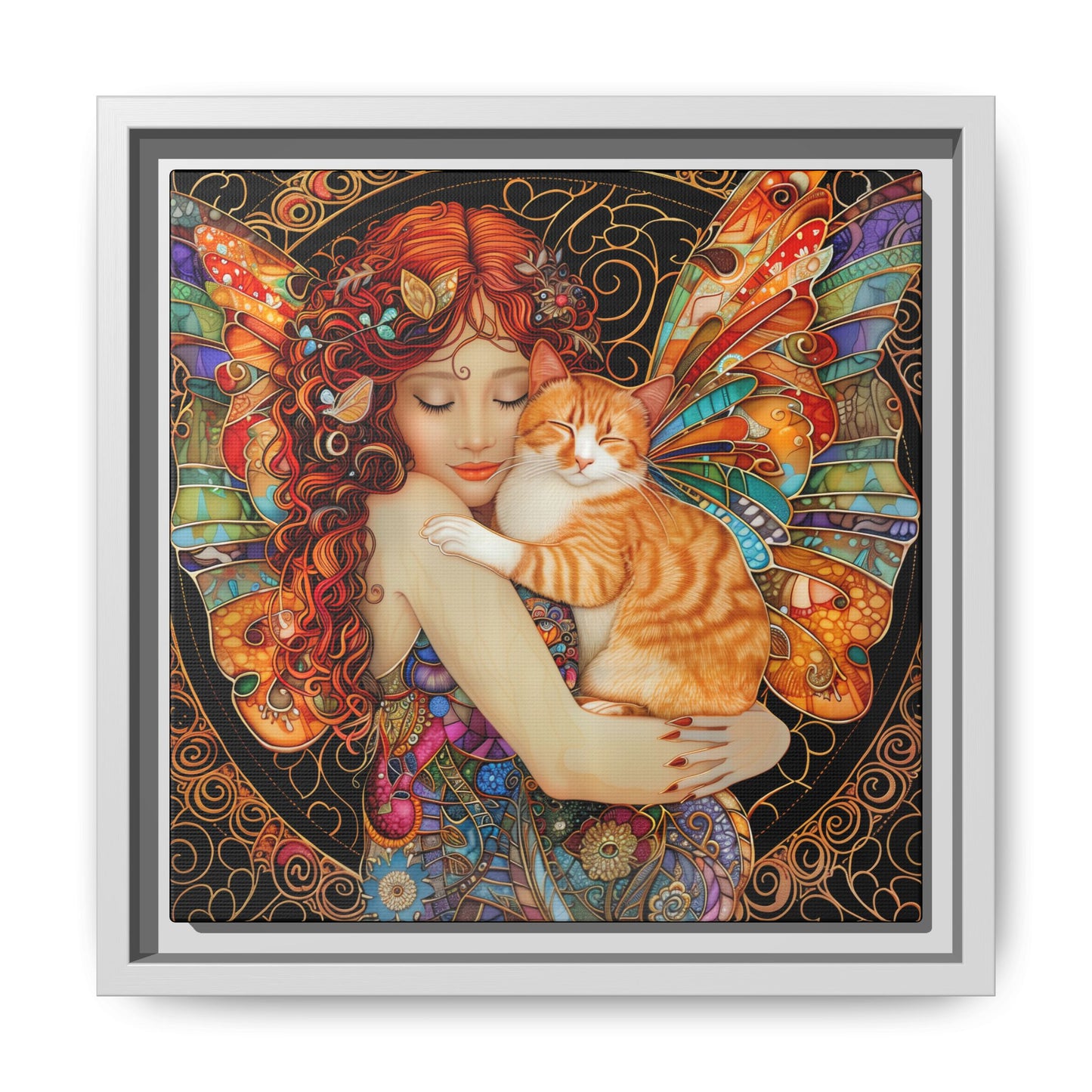Framed "Tabby"  Fantasy Canvas Art Print - Whimsical Wall Decor, Fairy and Cat Illustration, Magical Gift for Cat Lovers