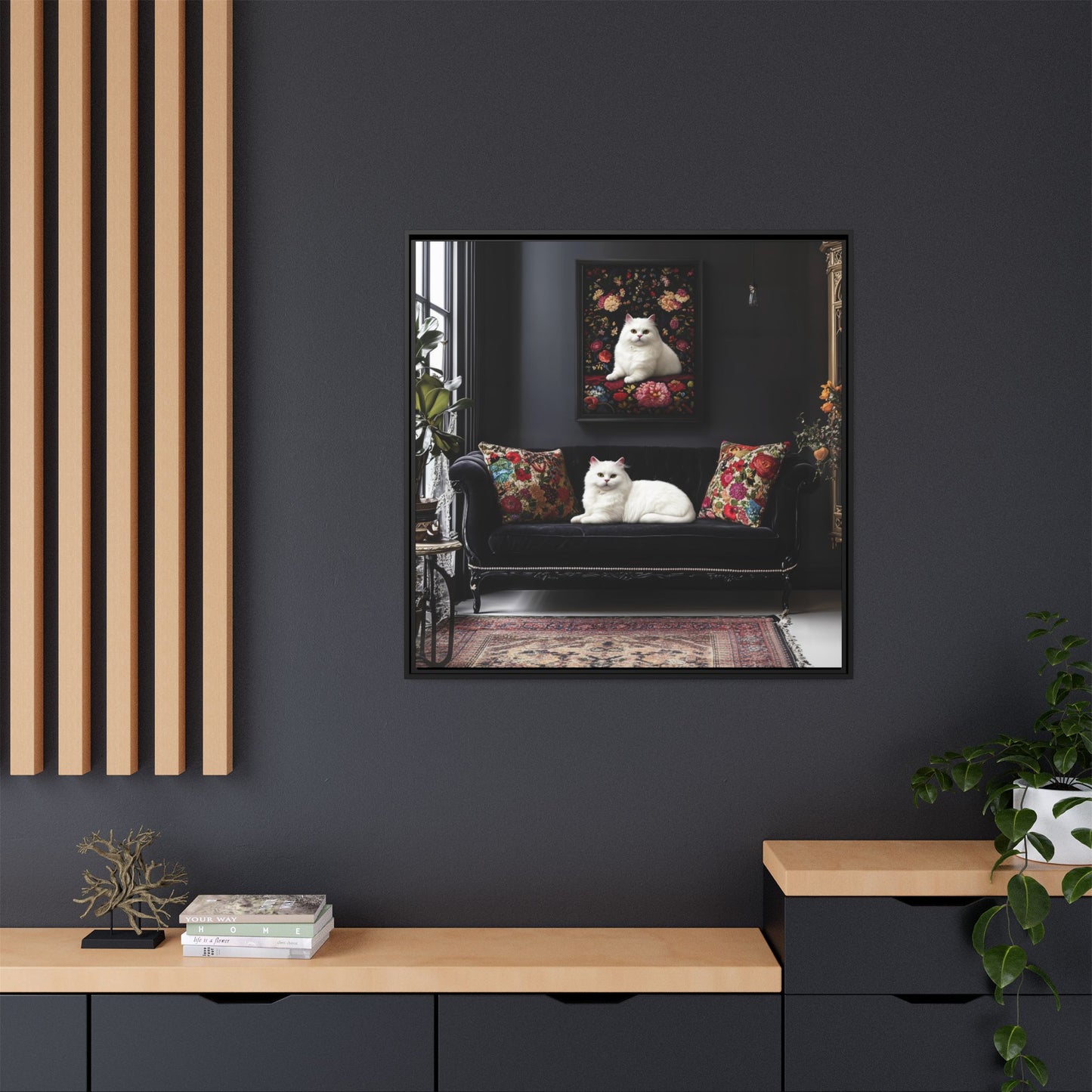 White Persian "House Cat" Portrait Matte Canvas Framed | Floral Still Life Wall Art