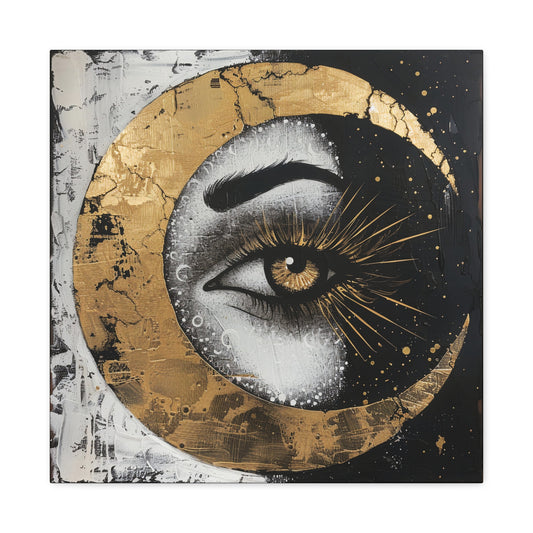 Celestial Eye Canvas Art, Gold Moon Wall Decor, Modern Home Aesthetic, Spiritual Artwork, Gift for Meditation, Boho Living Room Accent