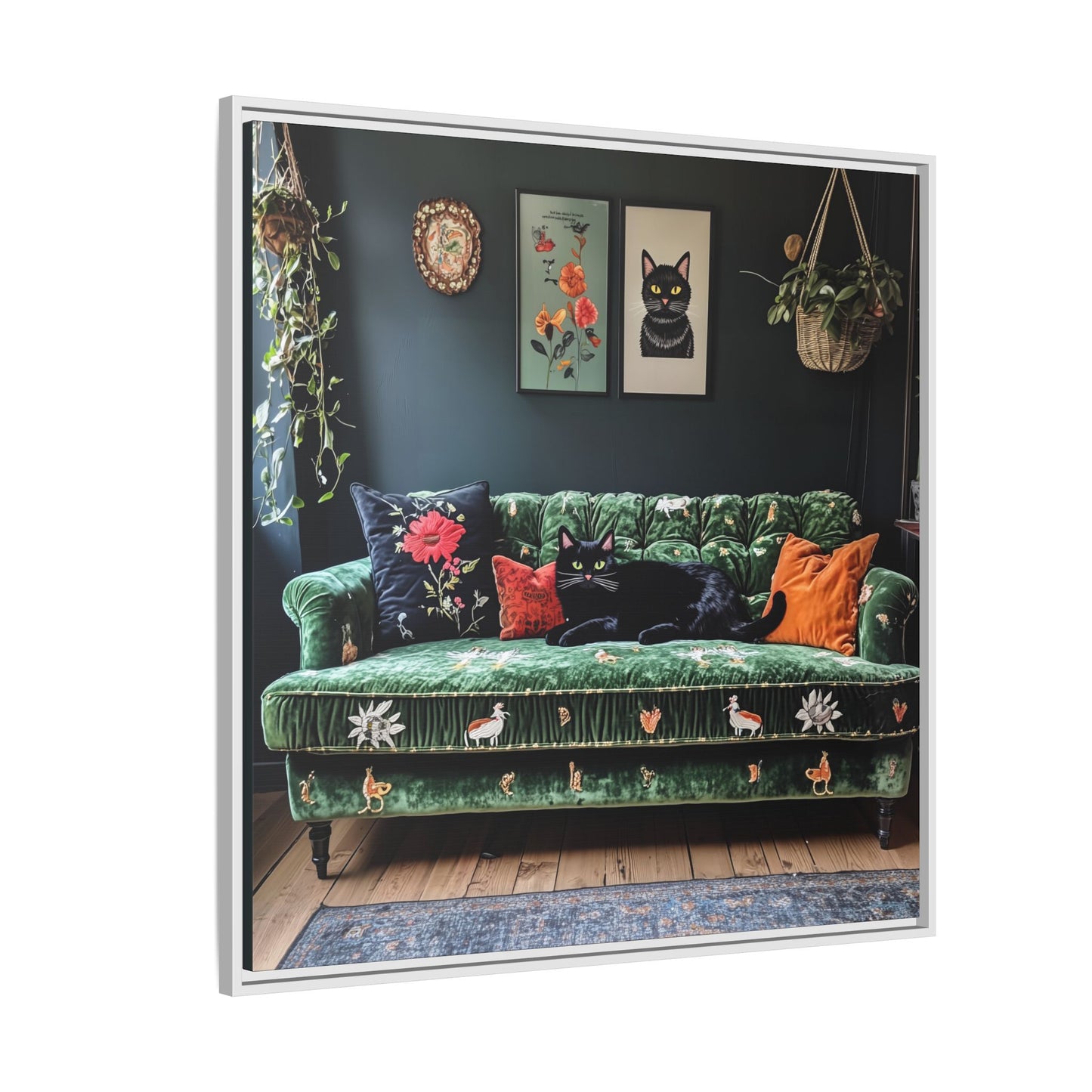 Black "House Cat" Living Room Art Matte Canvas Framed, Green Sofa Boho