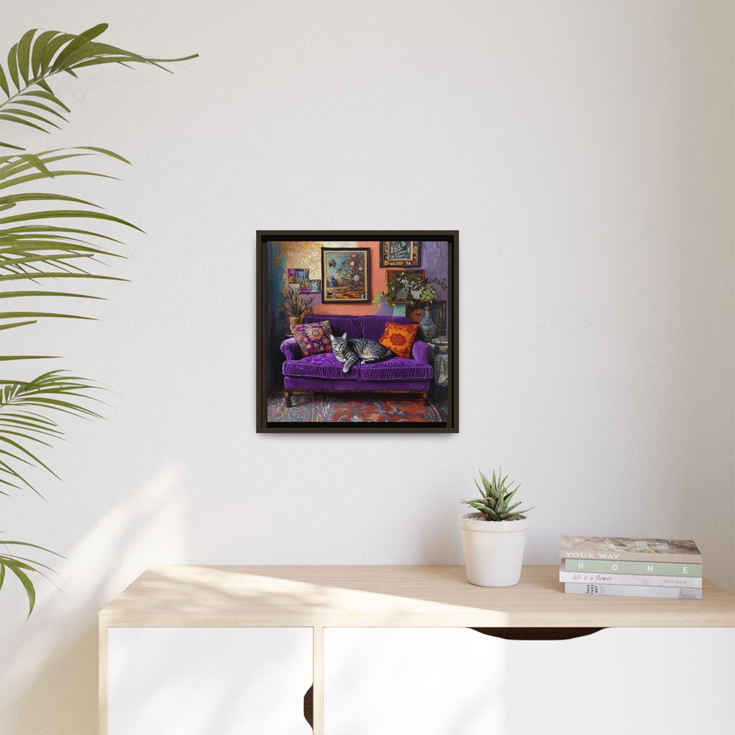 Tabby "House Cat" on Purple Velvet Sofa Matte Canvas Framed | Wall Art