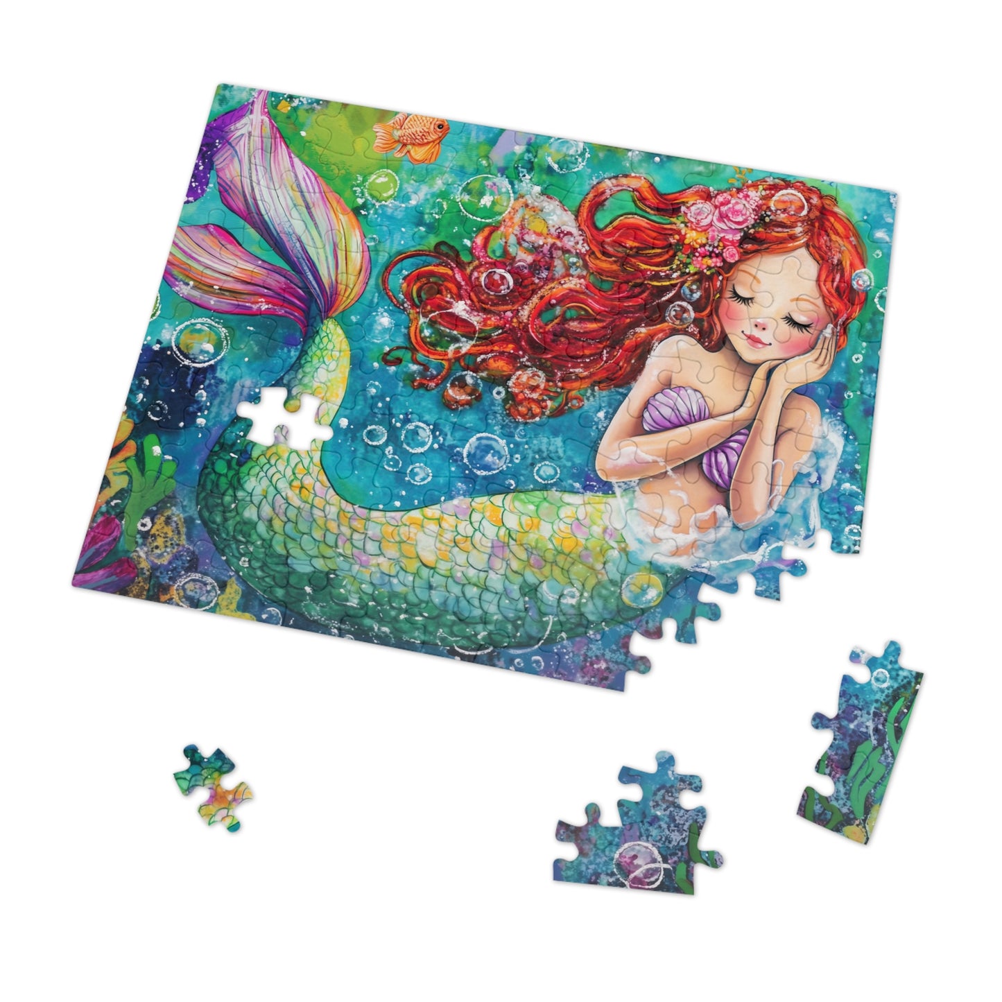 Whimsical Redhead Mermaid Jigsaw Puzzle with Tin | Colorful Underwater Scene