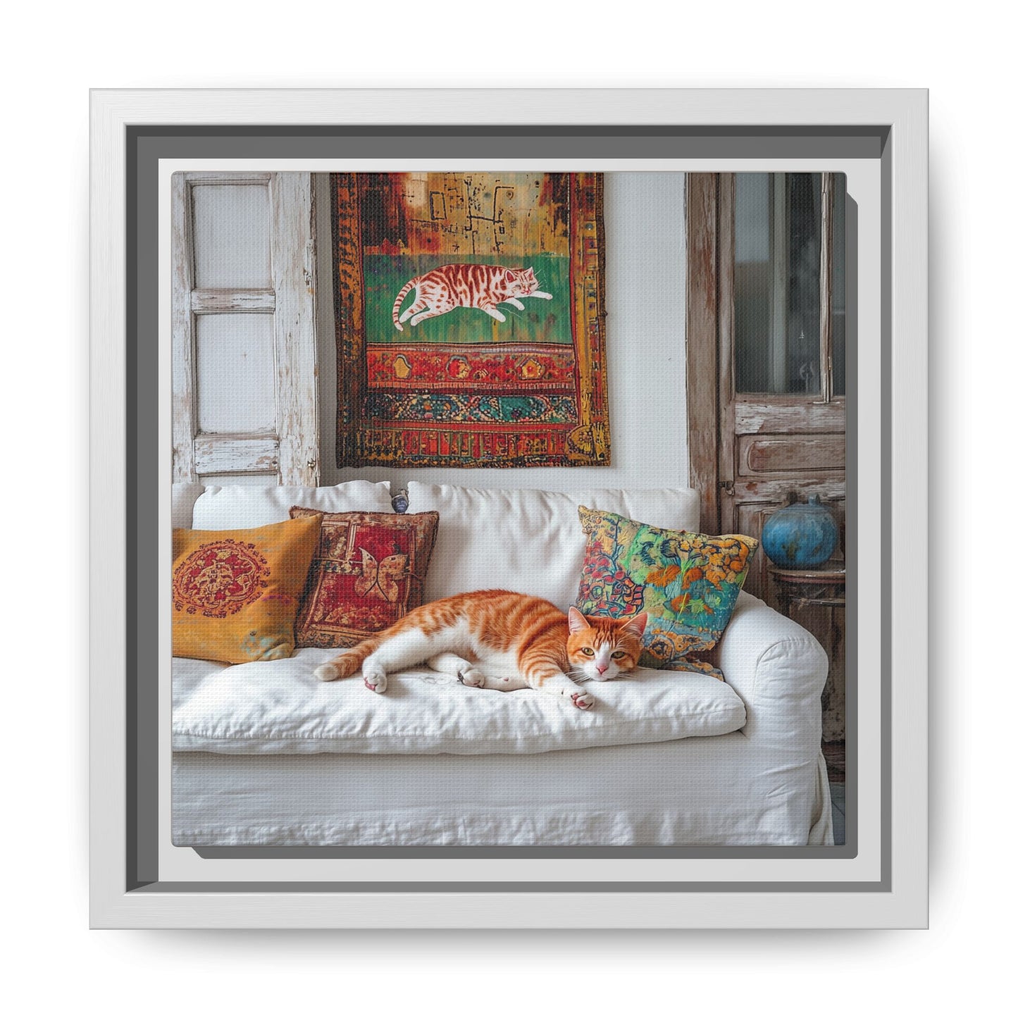Orange Tabby "House Cat" Sleeping Ginger Cat Sofa Photo Framed Canvas